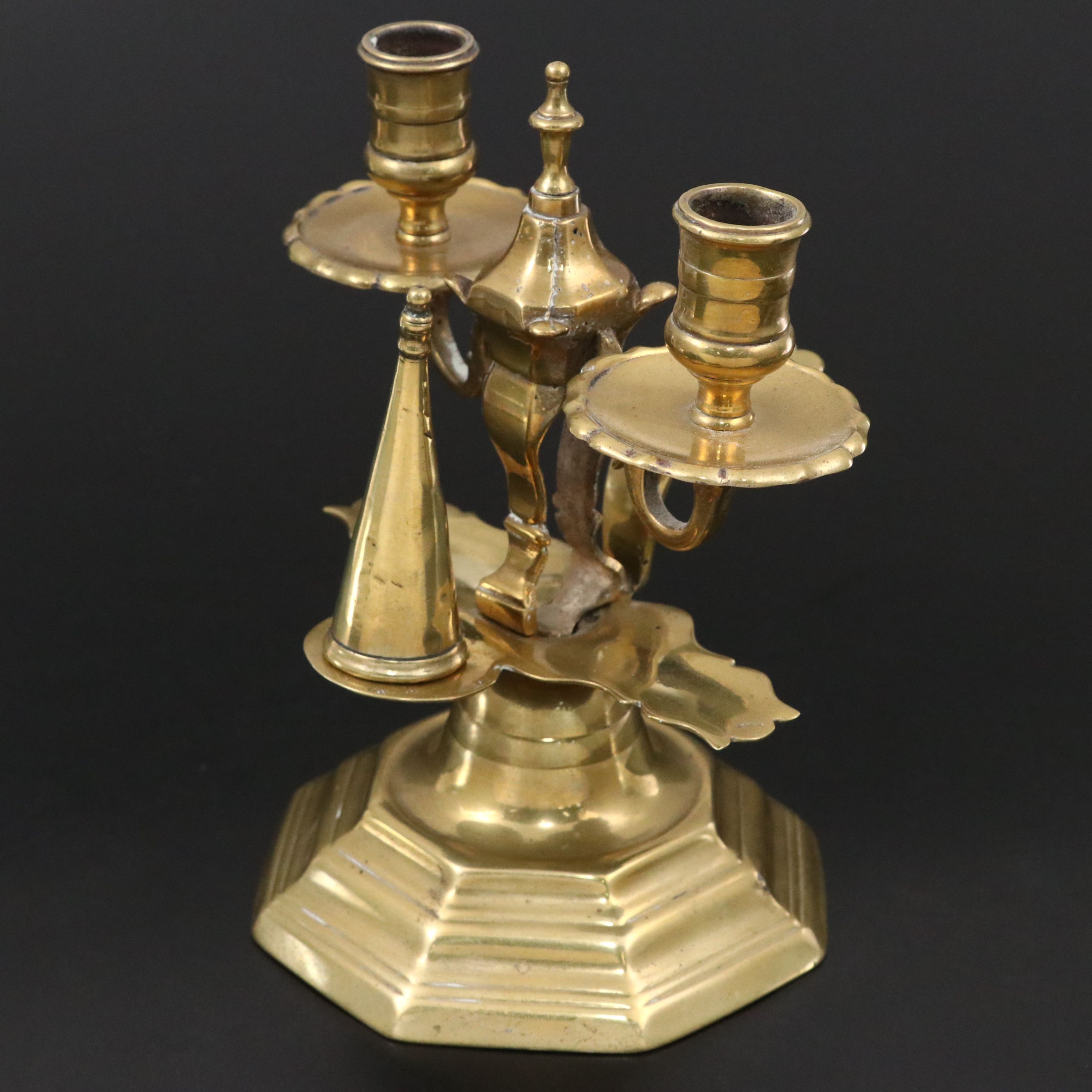 French Bronzed Silver Louis XV Two Light Candle Holder with Snuffer, 18th C.