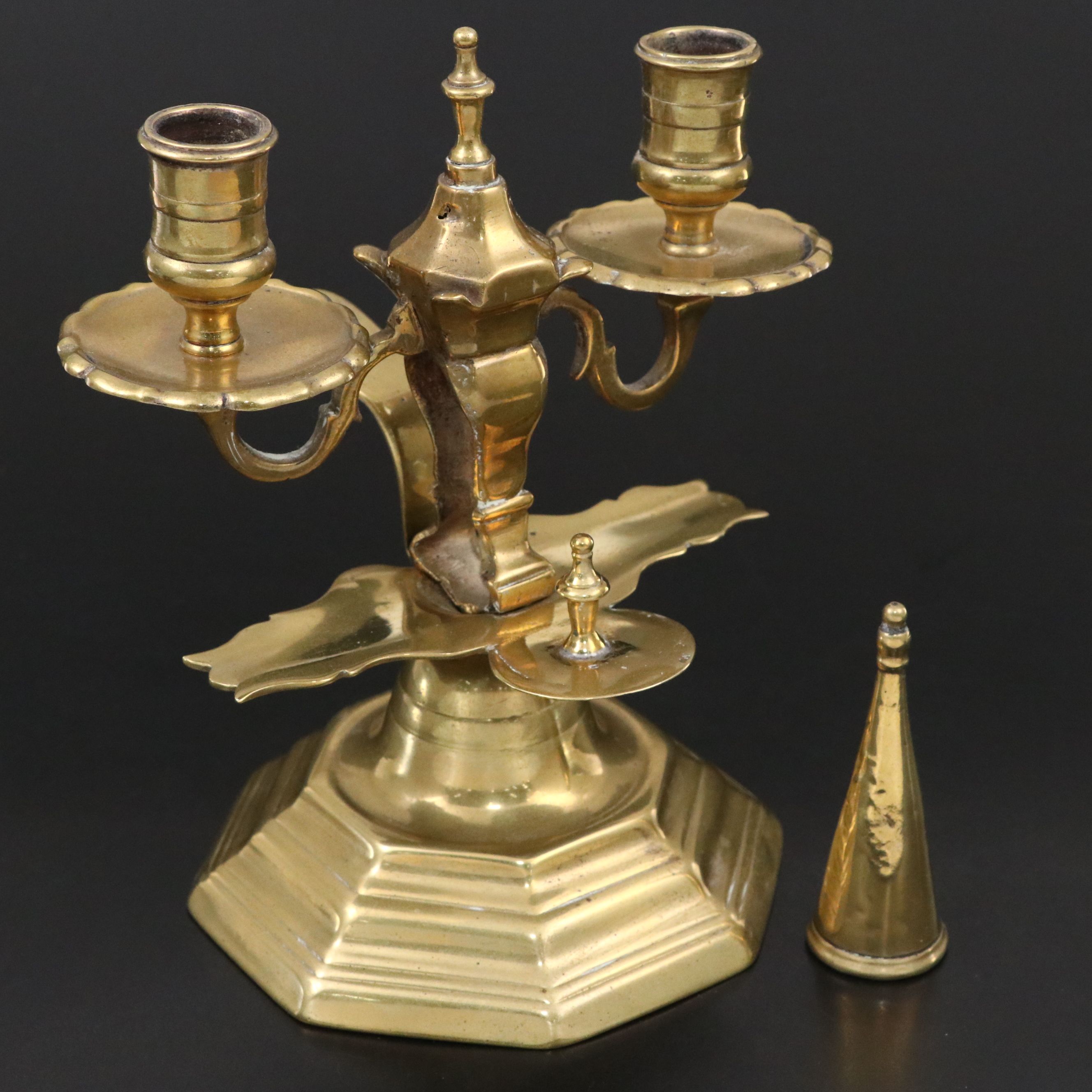 French Bronzed Silver Louis XV Two Light Candle Holder with Snuffer, 18th C.