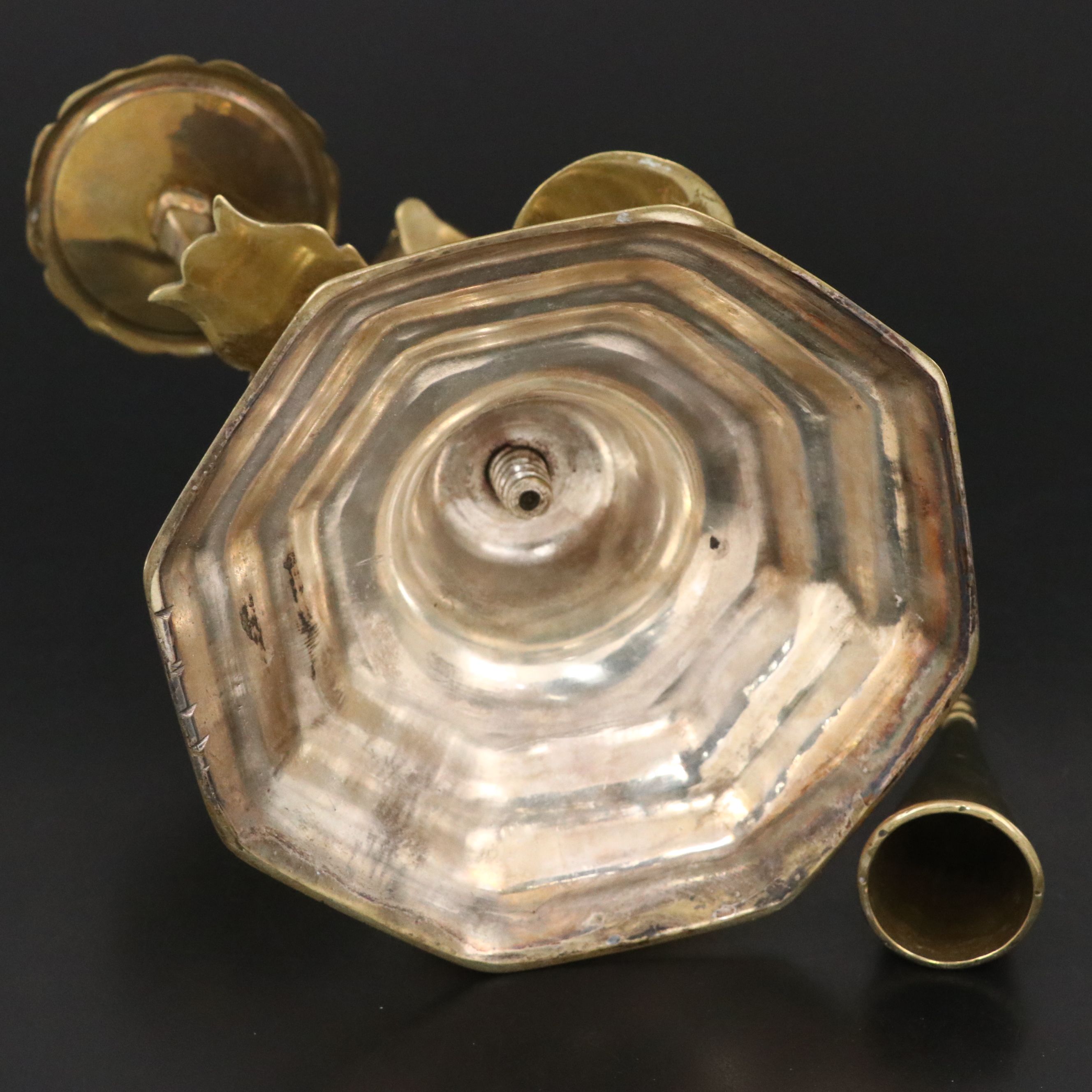 French Bronzed Silver Louis XV Two Light Candle Holder with Snuffer, 18th C.