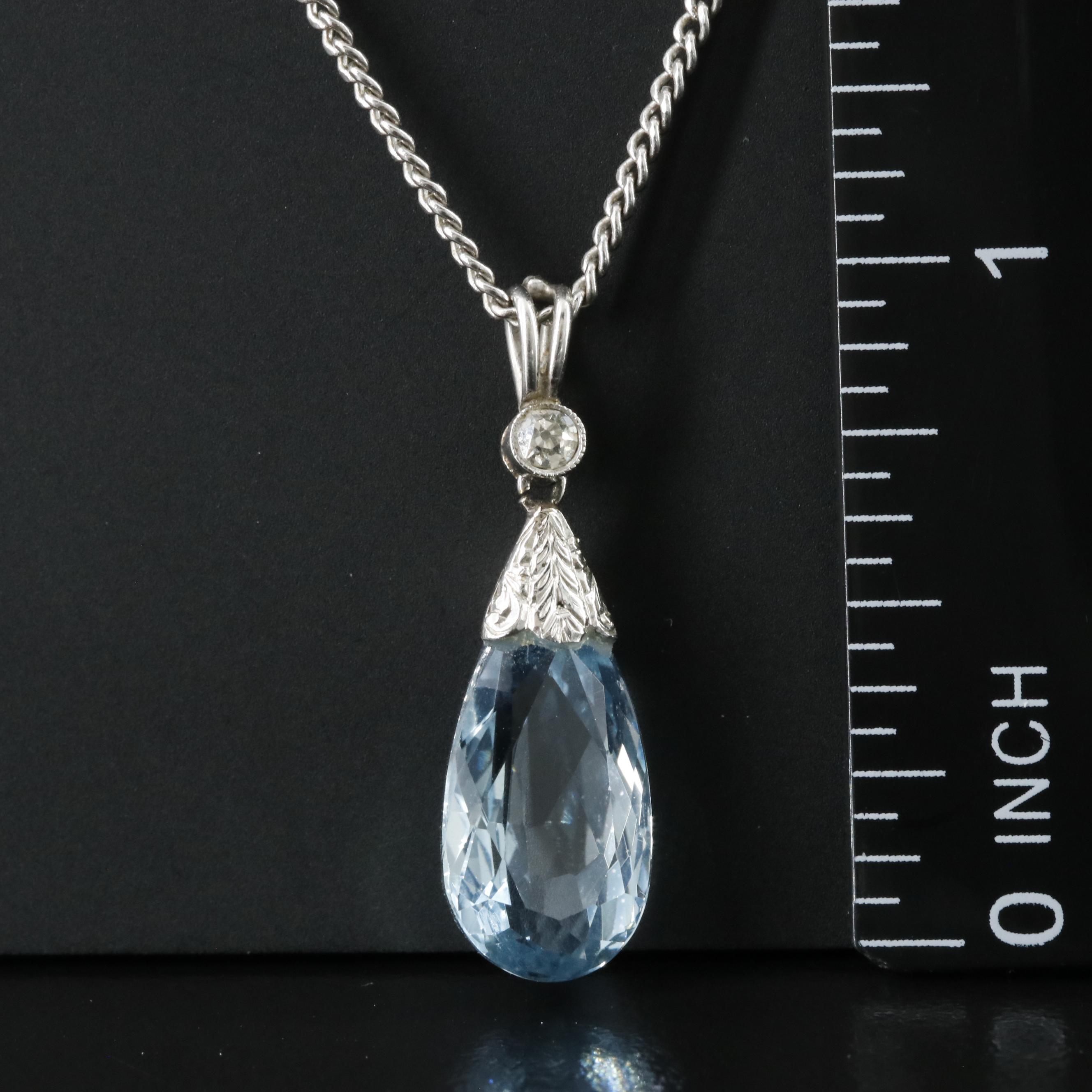 Platinum 4.32 CT Aquamarine and Diamond Pendant with 14K Curb Chain