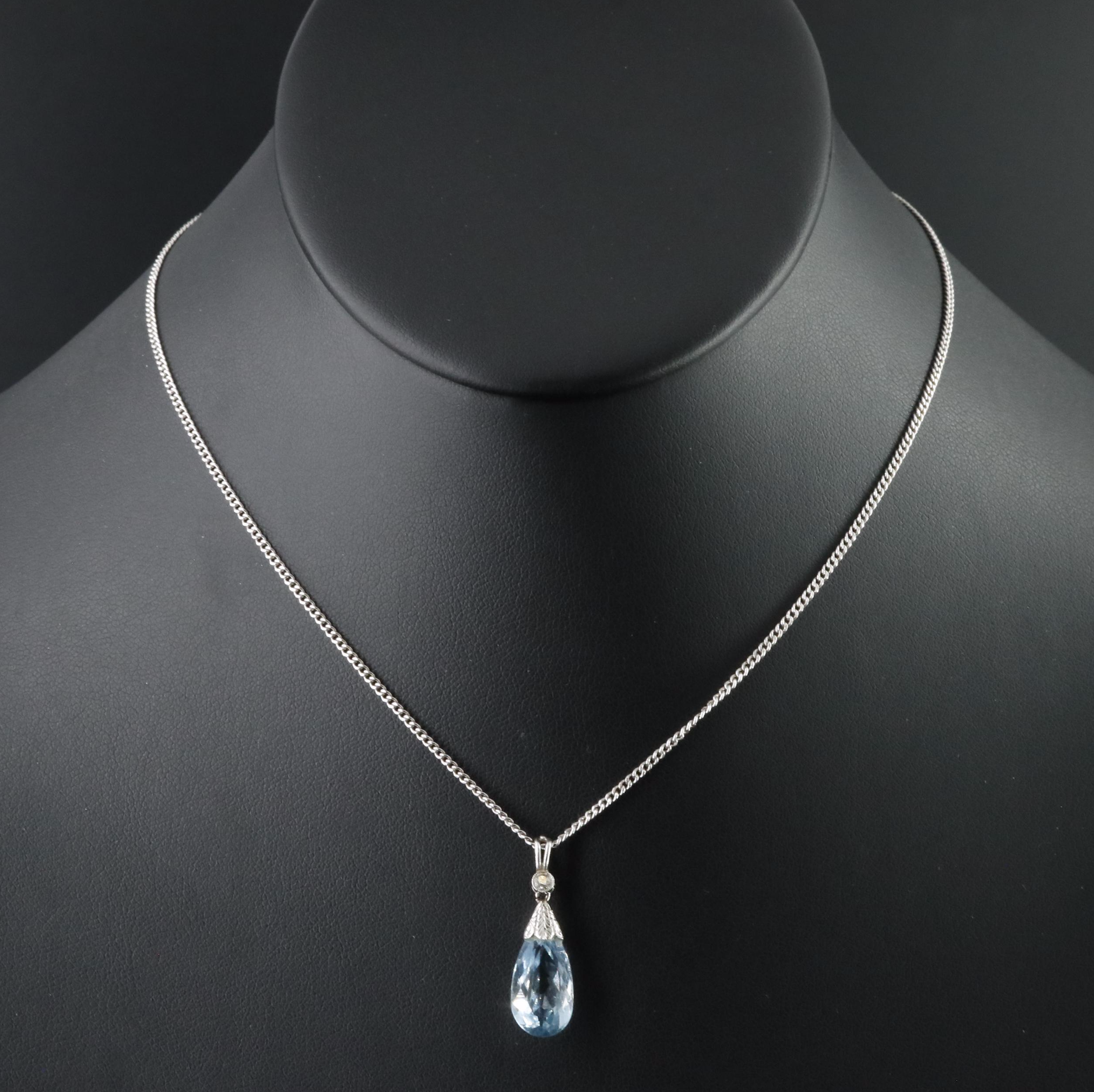 Platinum 4.32 CT Aquamarine and Diamond Pendant with 14K Curb Chain