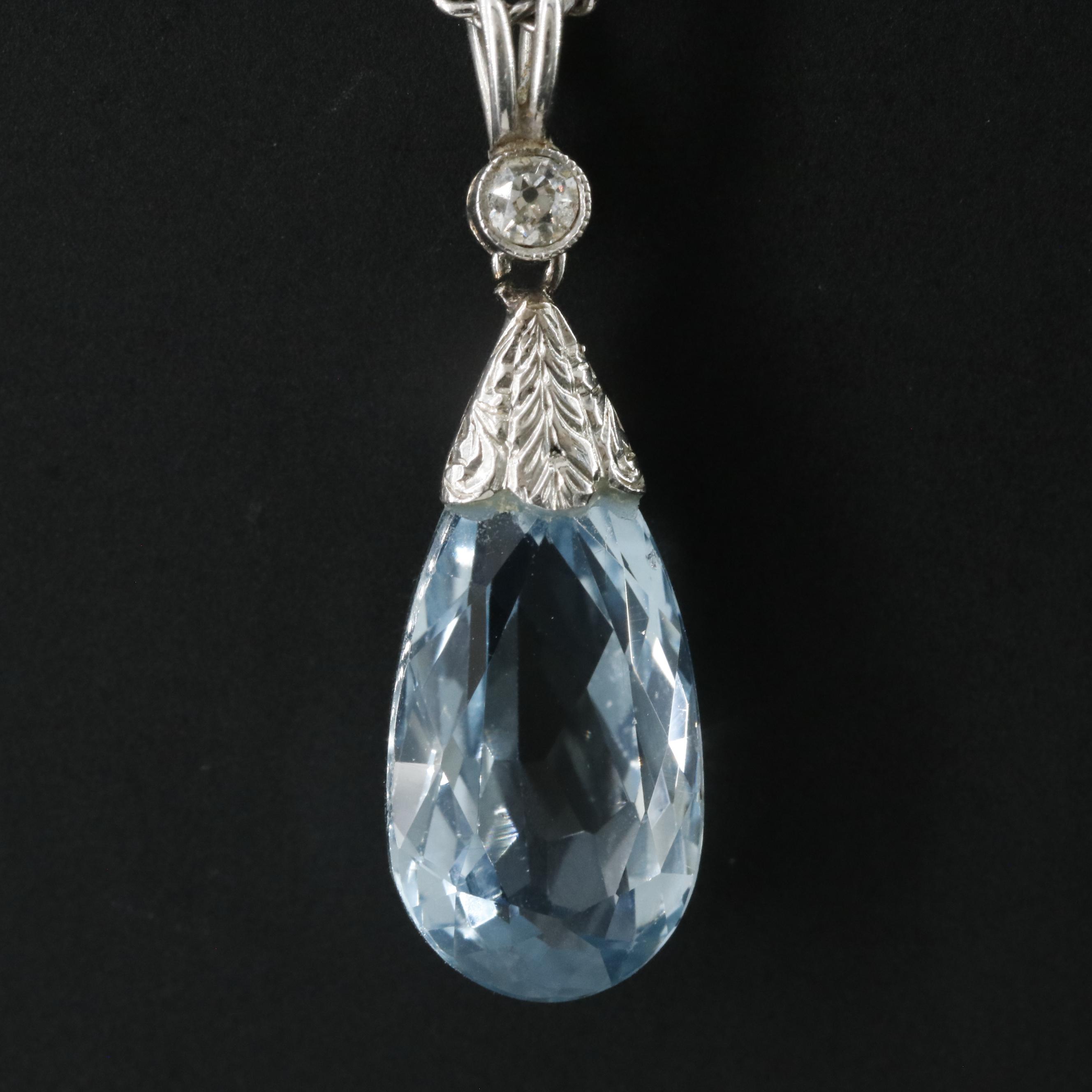 Platinum 4.32 CT Aquamarine and Diamond Pendant with 14K Curb Chain