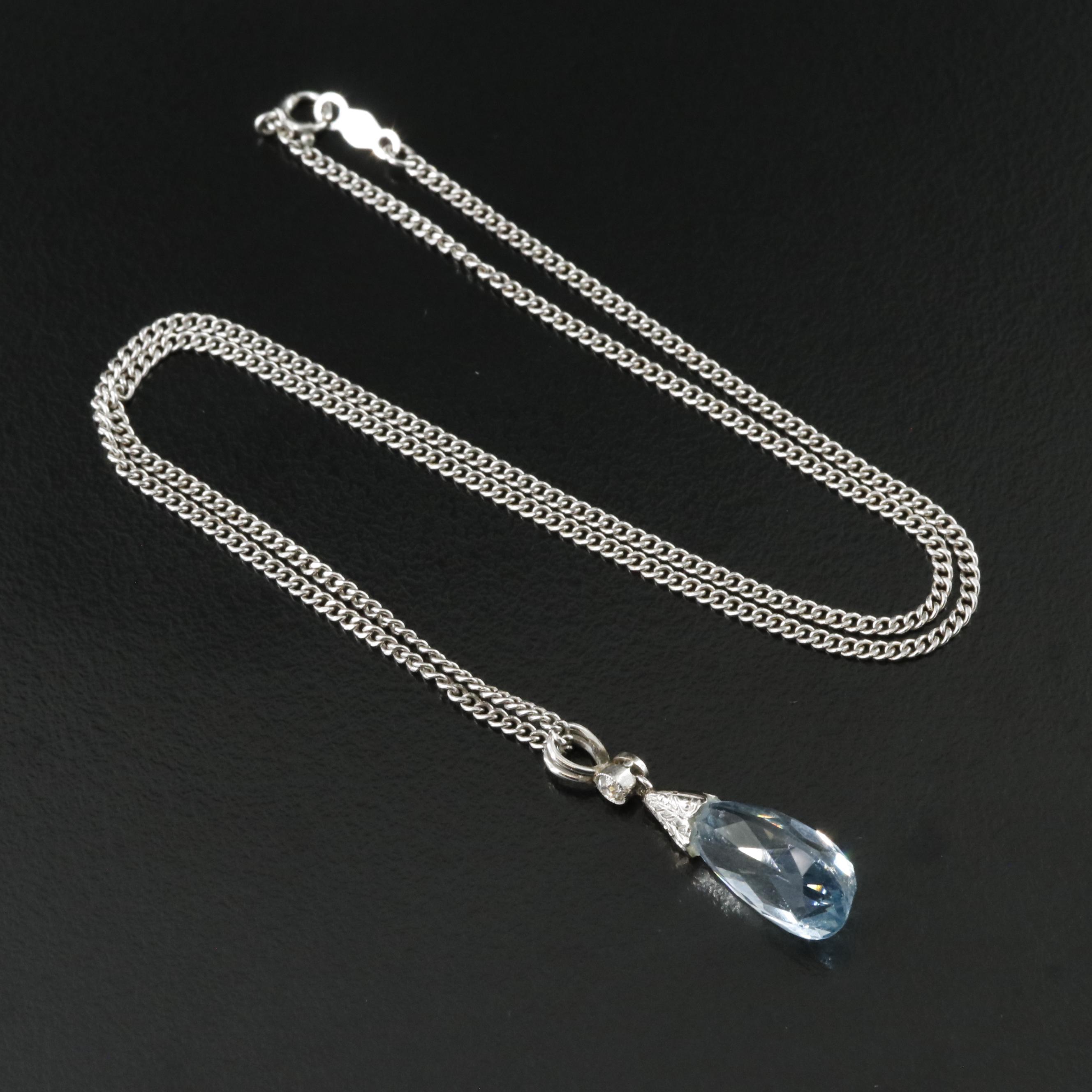 Platinum 4.32 CT Aquamarine and Diamond Pendant with 14K Curb Chain