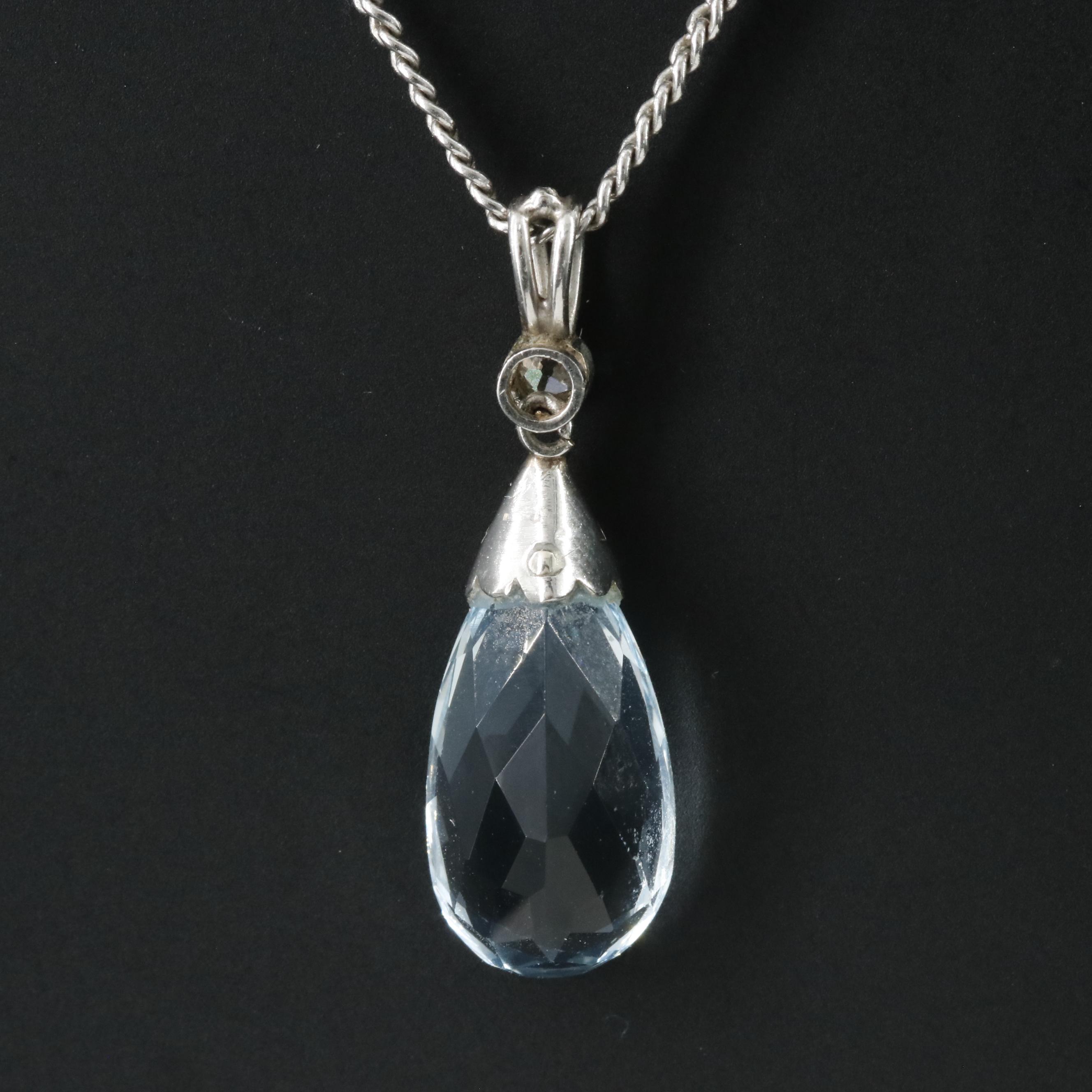 Platinum 4.32 CT Aquamarine and Diamond Pendant with 14K Curb Chain