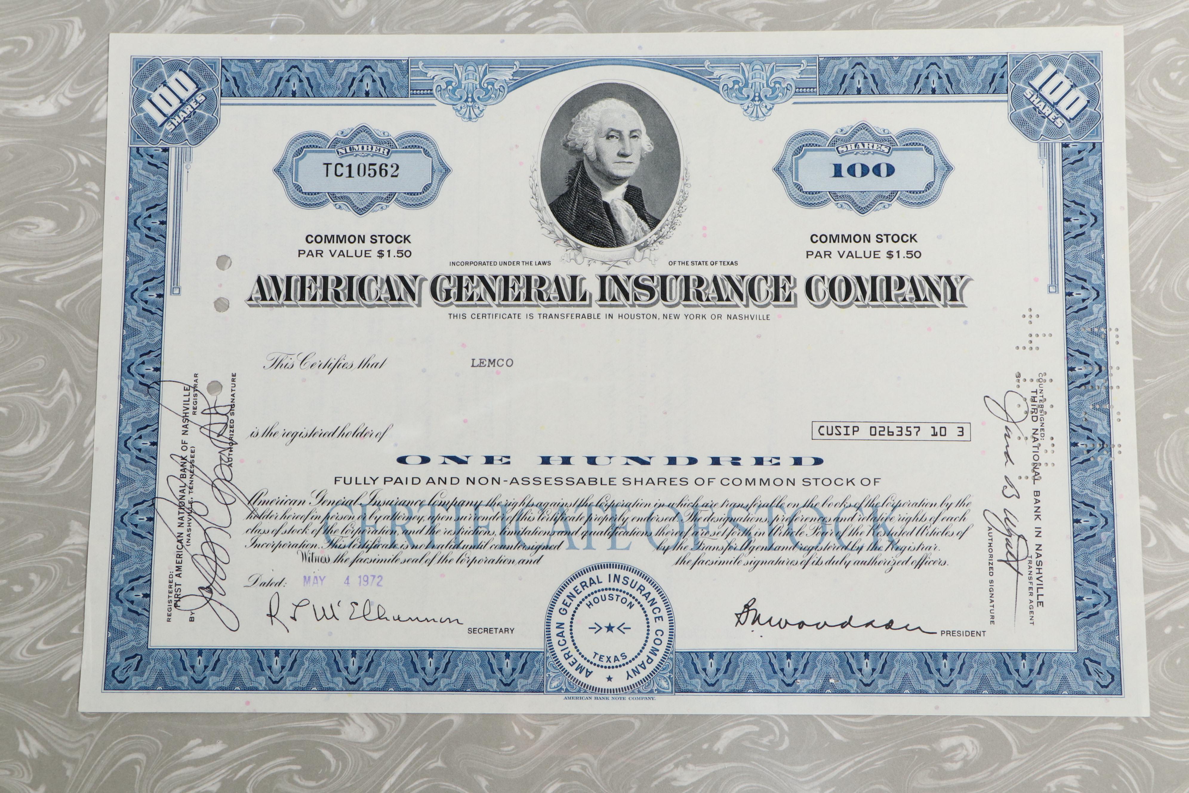 American Sugar Company and American General Insurance Stock Certificates