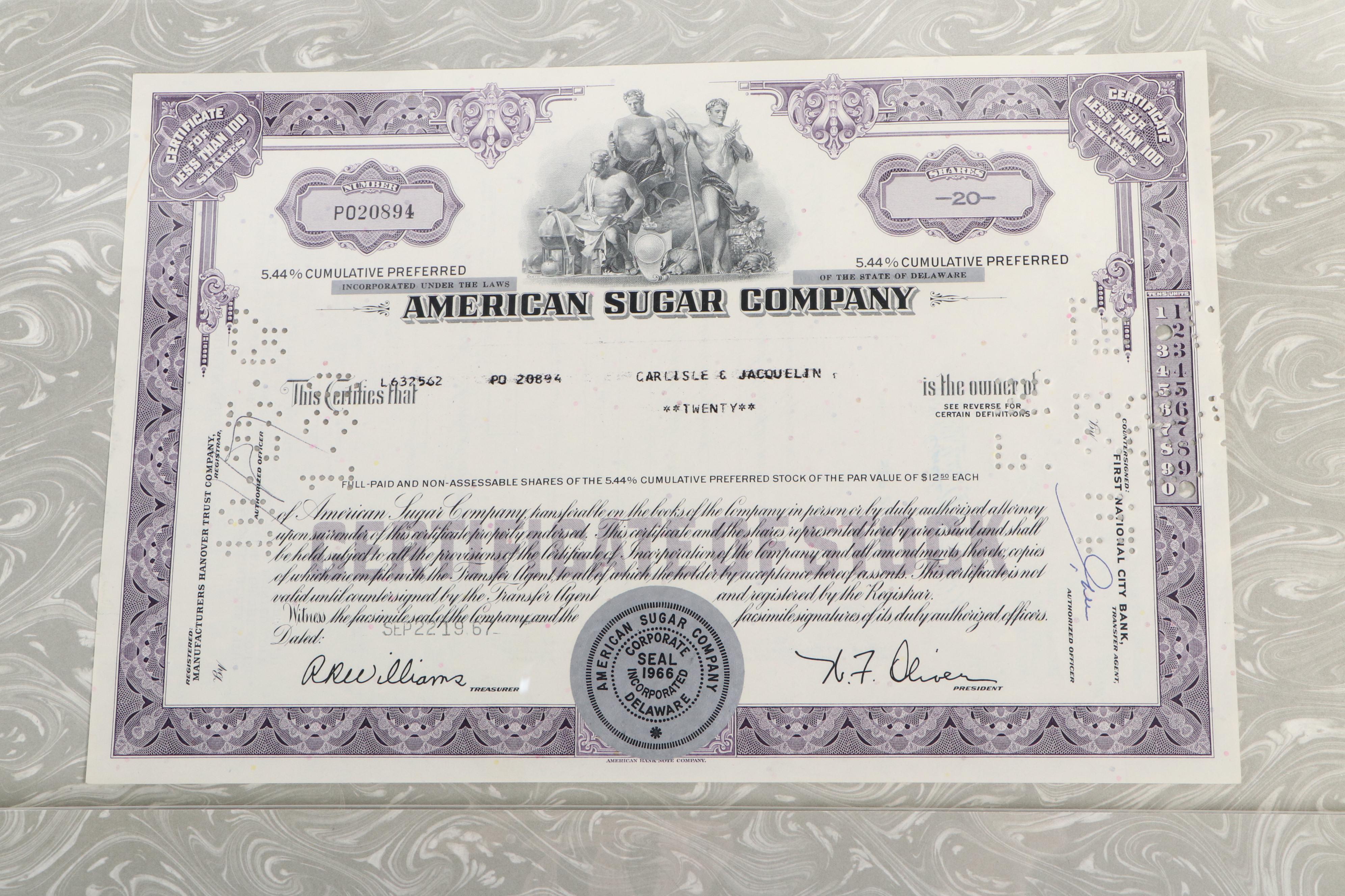 American Sugar Company and American General Insurance Stock Certificates