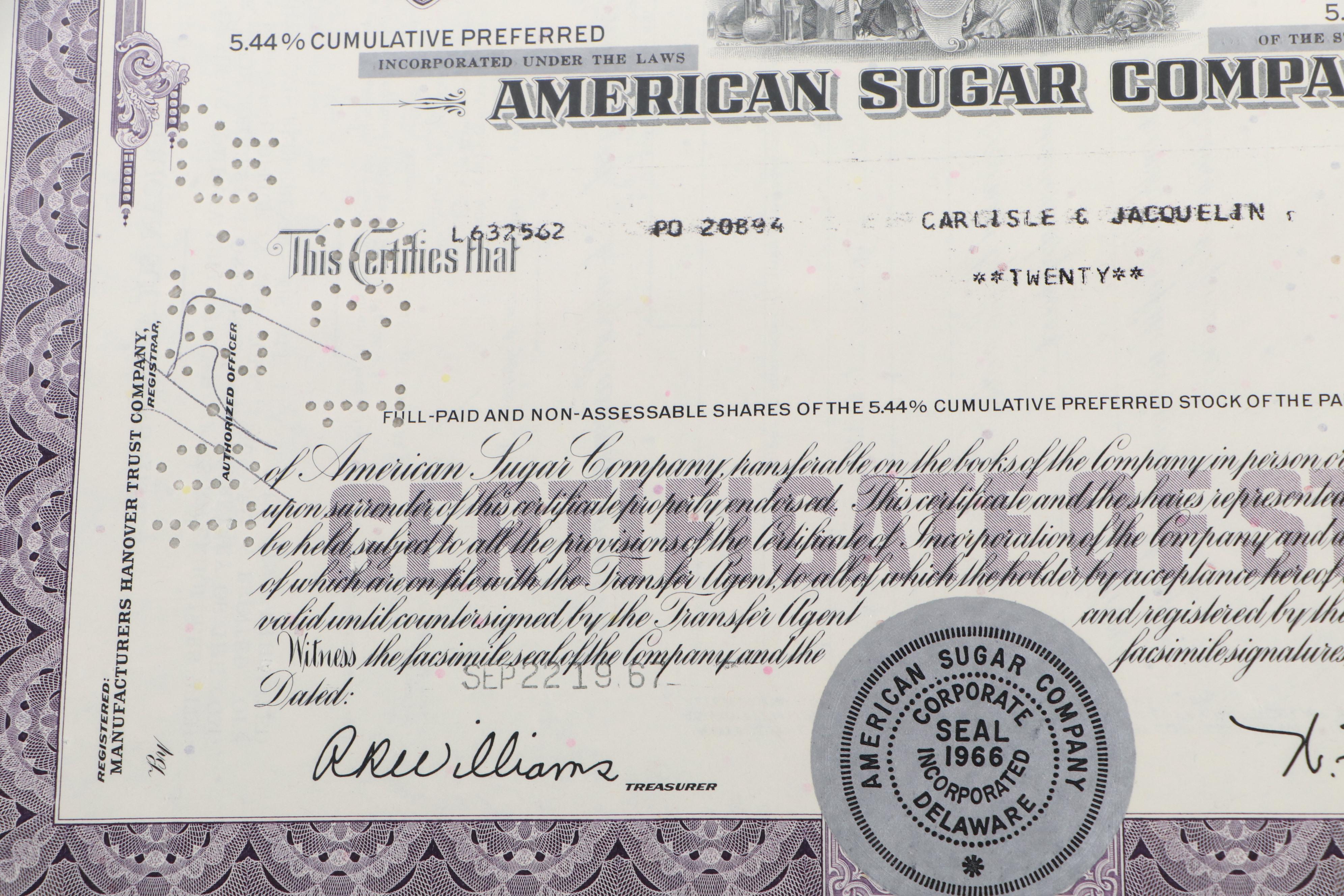 American Sugar Company and American General Insurance Stock Certificates