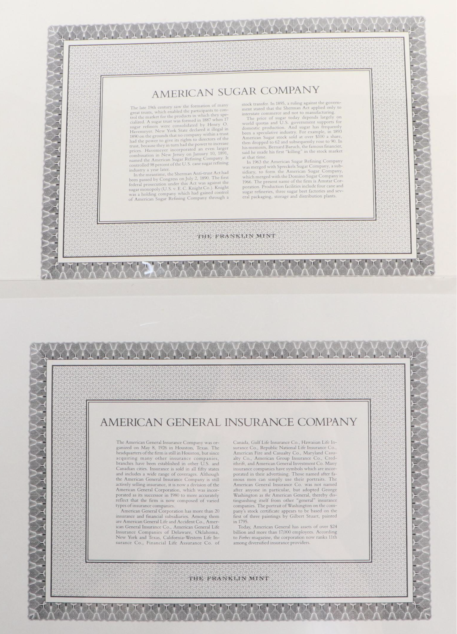 American Sugar Company and American General Insurance Stock Certificates