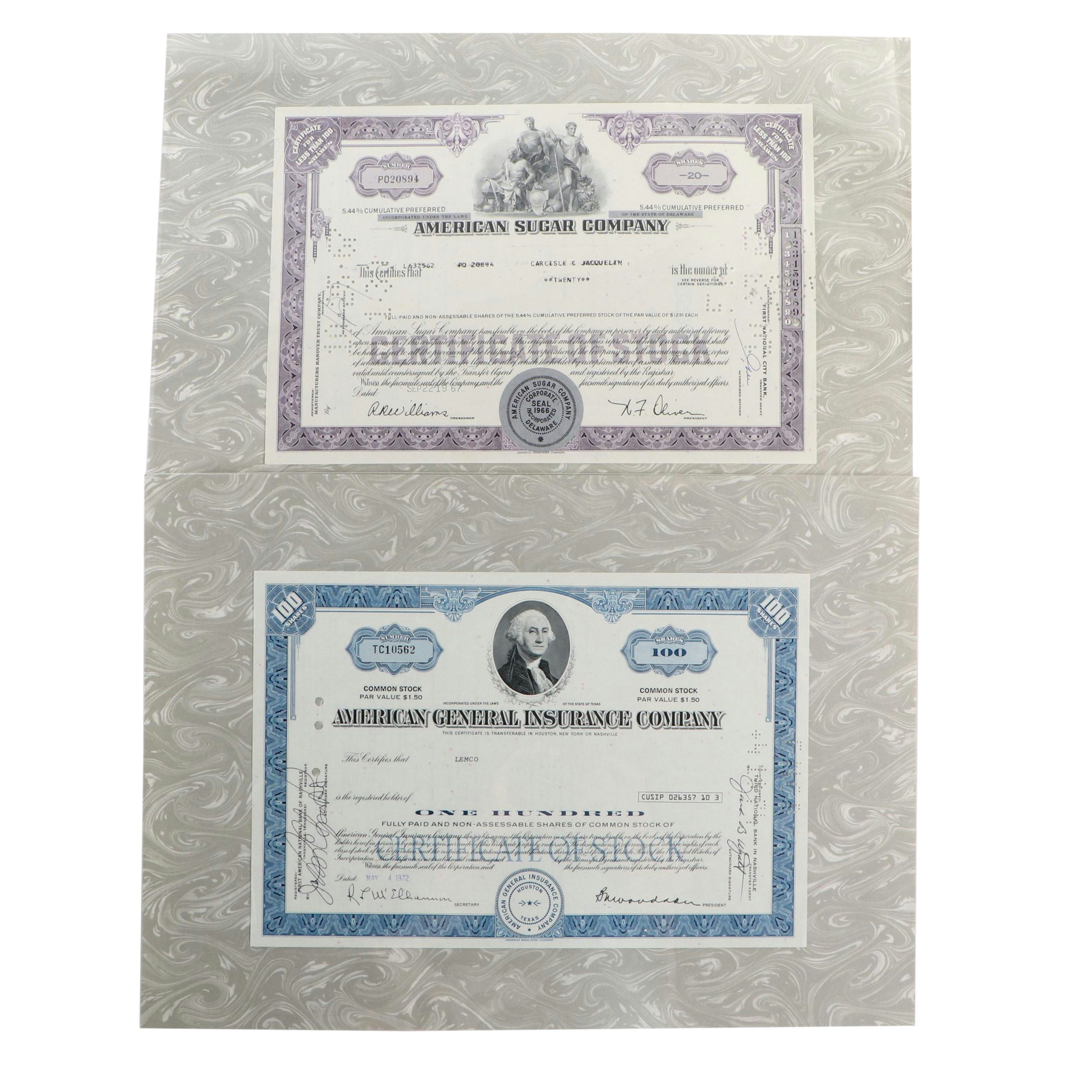 American Sugar Company and American General Insurance Stock Certificates