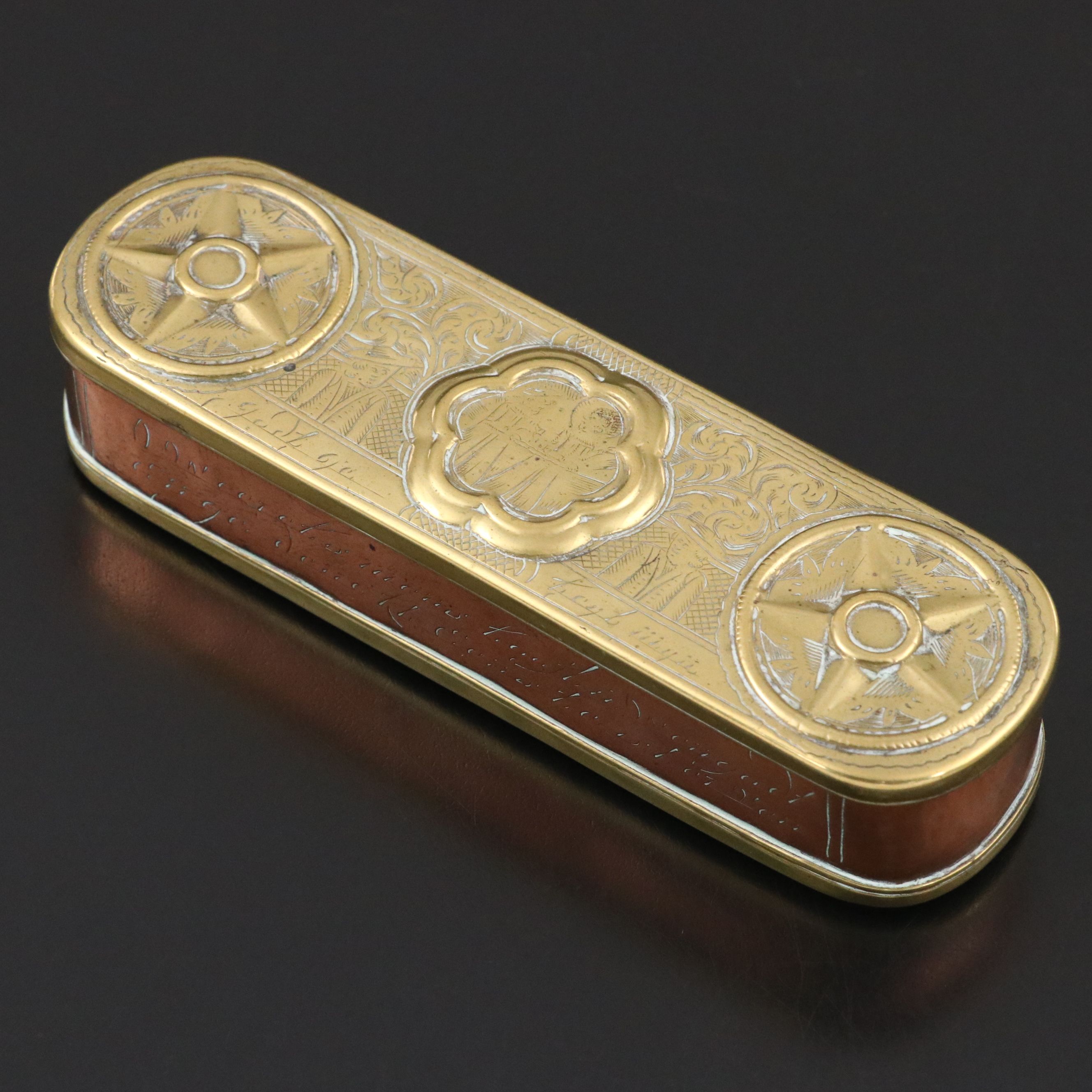 Dutch Copper and Brass Engraved Figural Tobacco Box, Mid-18th Century