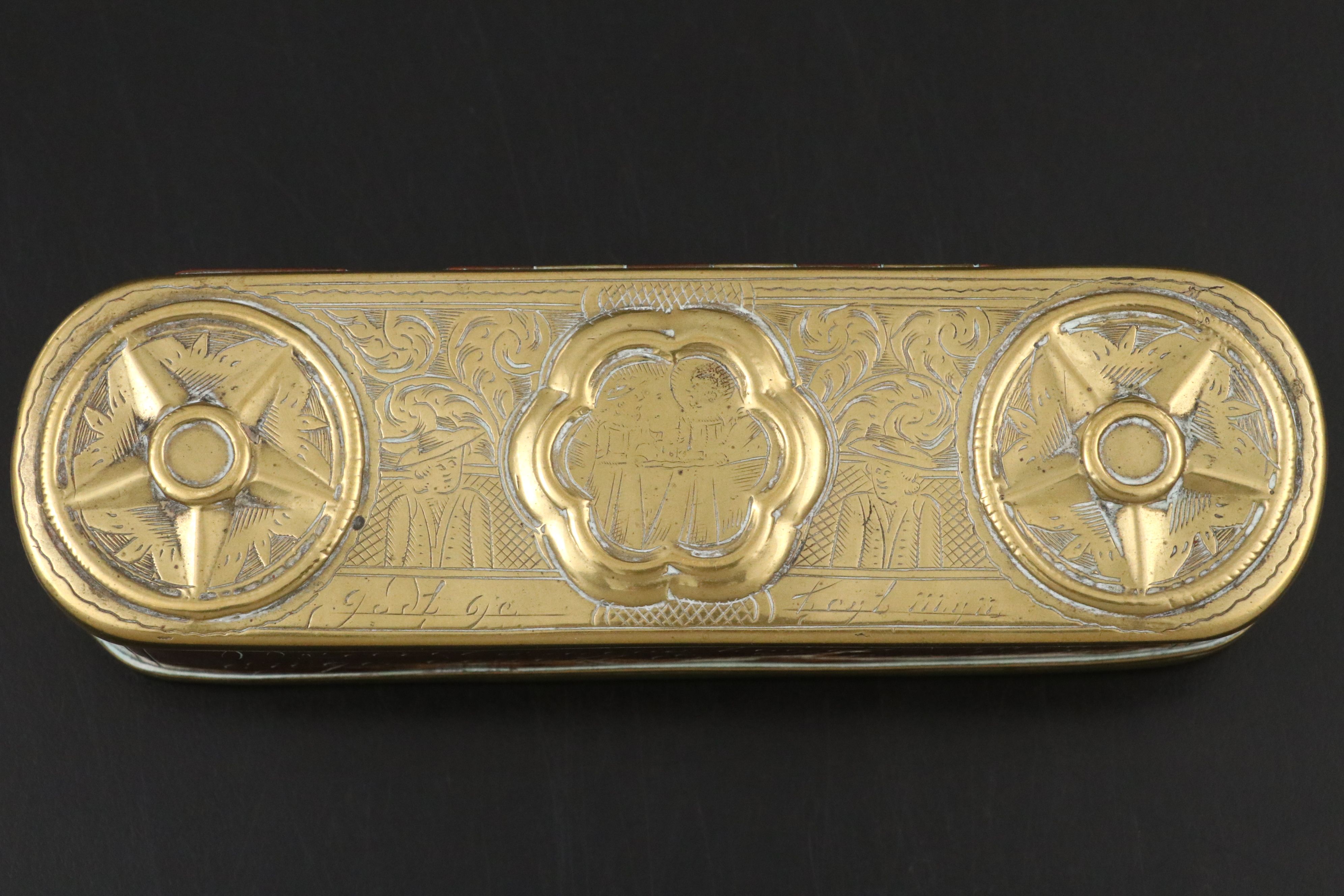 Dutch Copper and Brass Engraved Figural Tobacco Box, Mid-18th Century