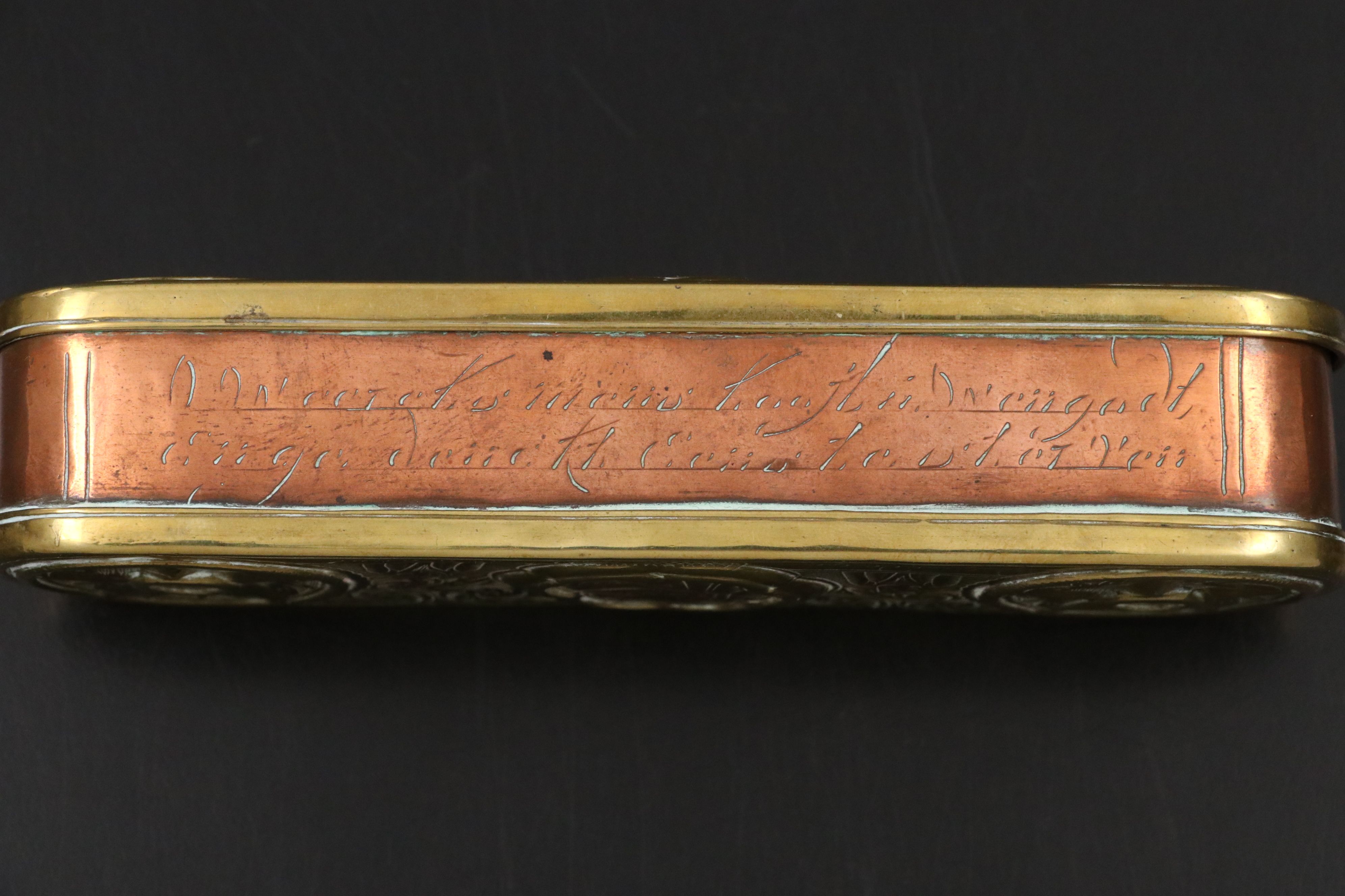 Dutch Copper and Brass Engraved Figural Tobacco Box, Mid-18th Century