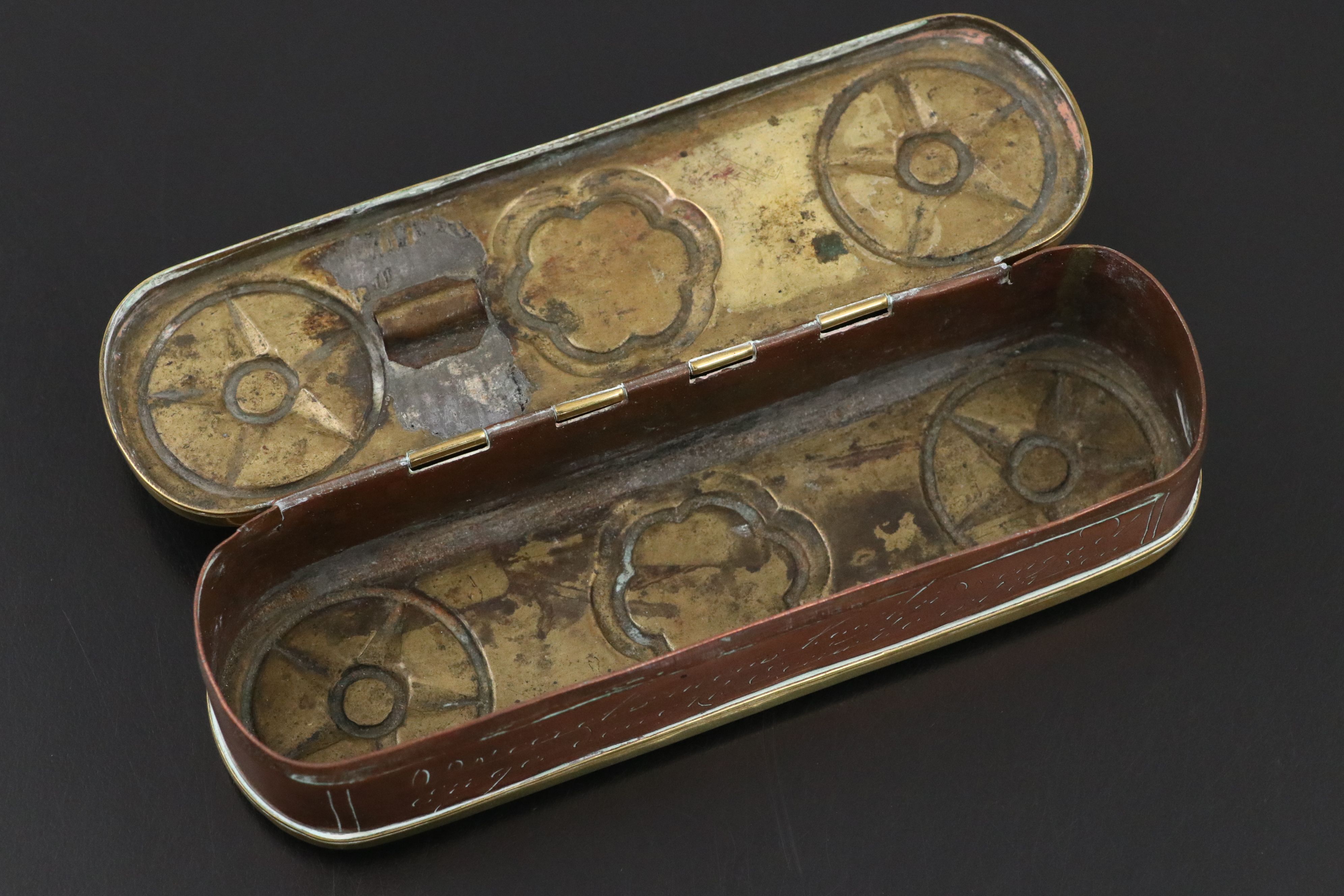 Dutch Copper and Brass Engraved Figural Tobacco Box, Mid-18th Century