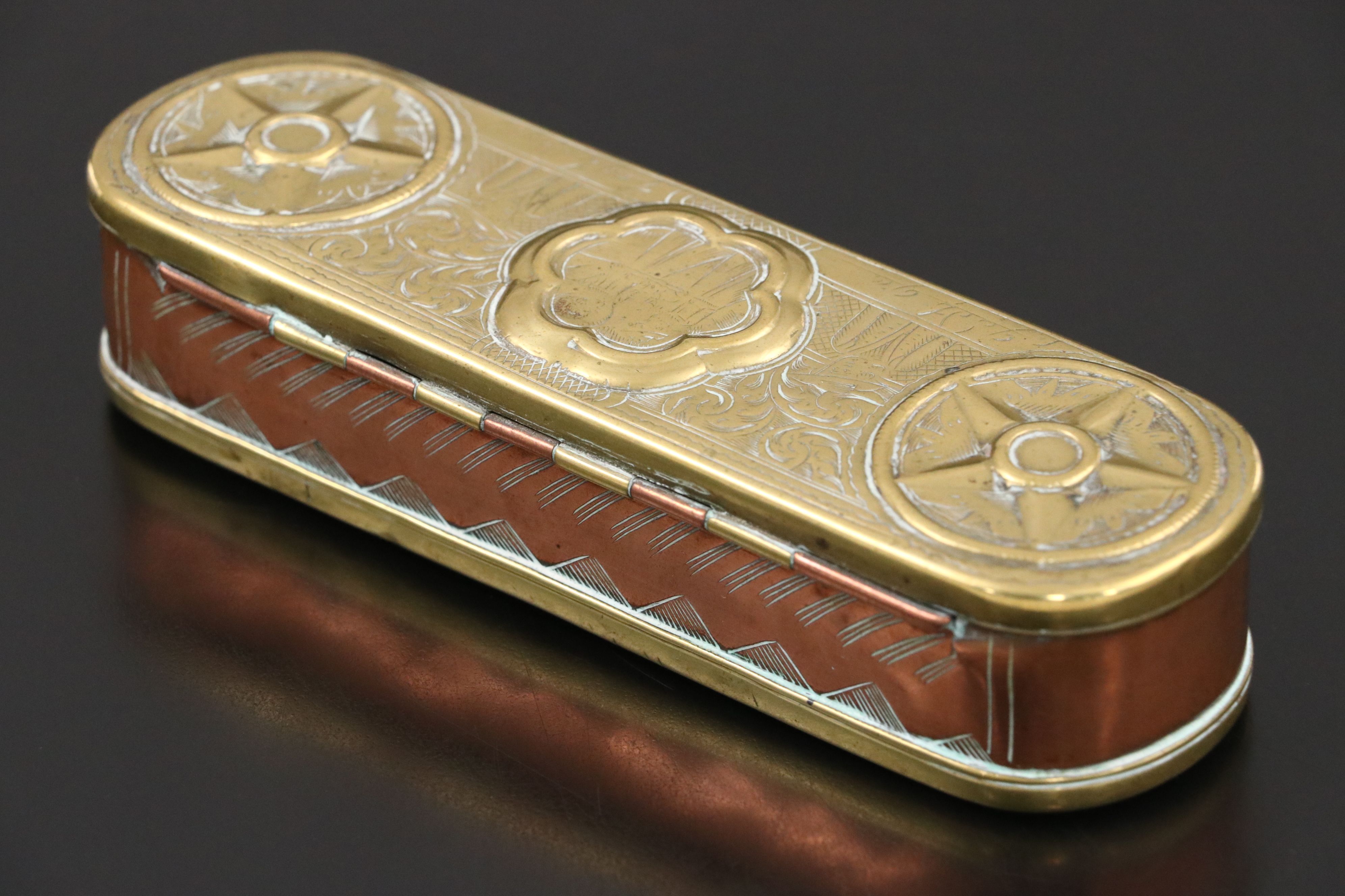 Dutch Copper and Brass Engraved Figural Tobacco Box, Mid-18th Century