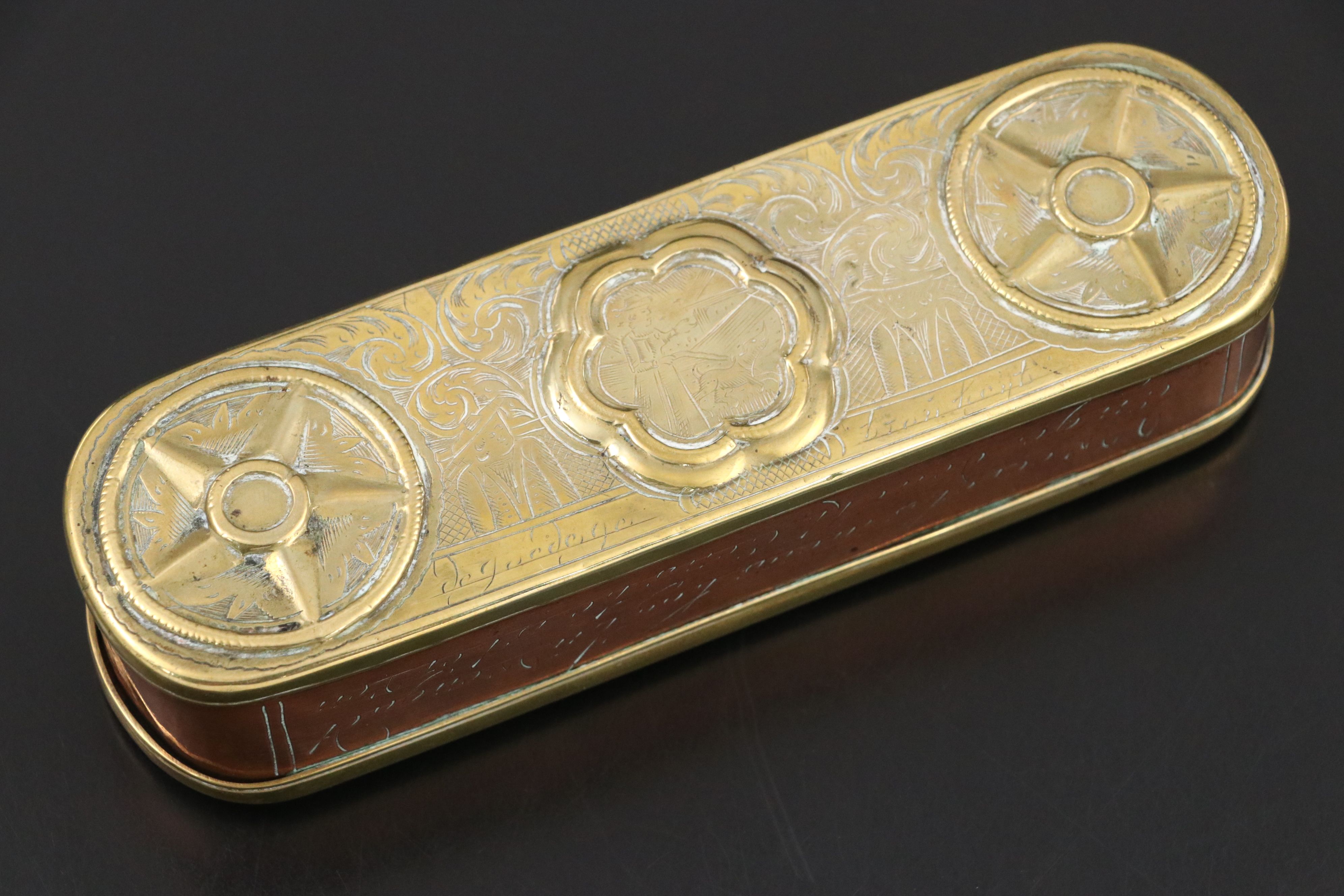 Dutch Copper and Brass Engraved Figural Tobacco Box, Mid-18th Century