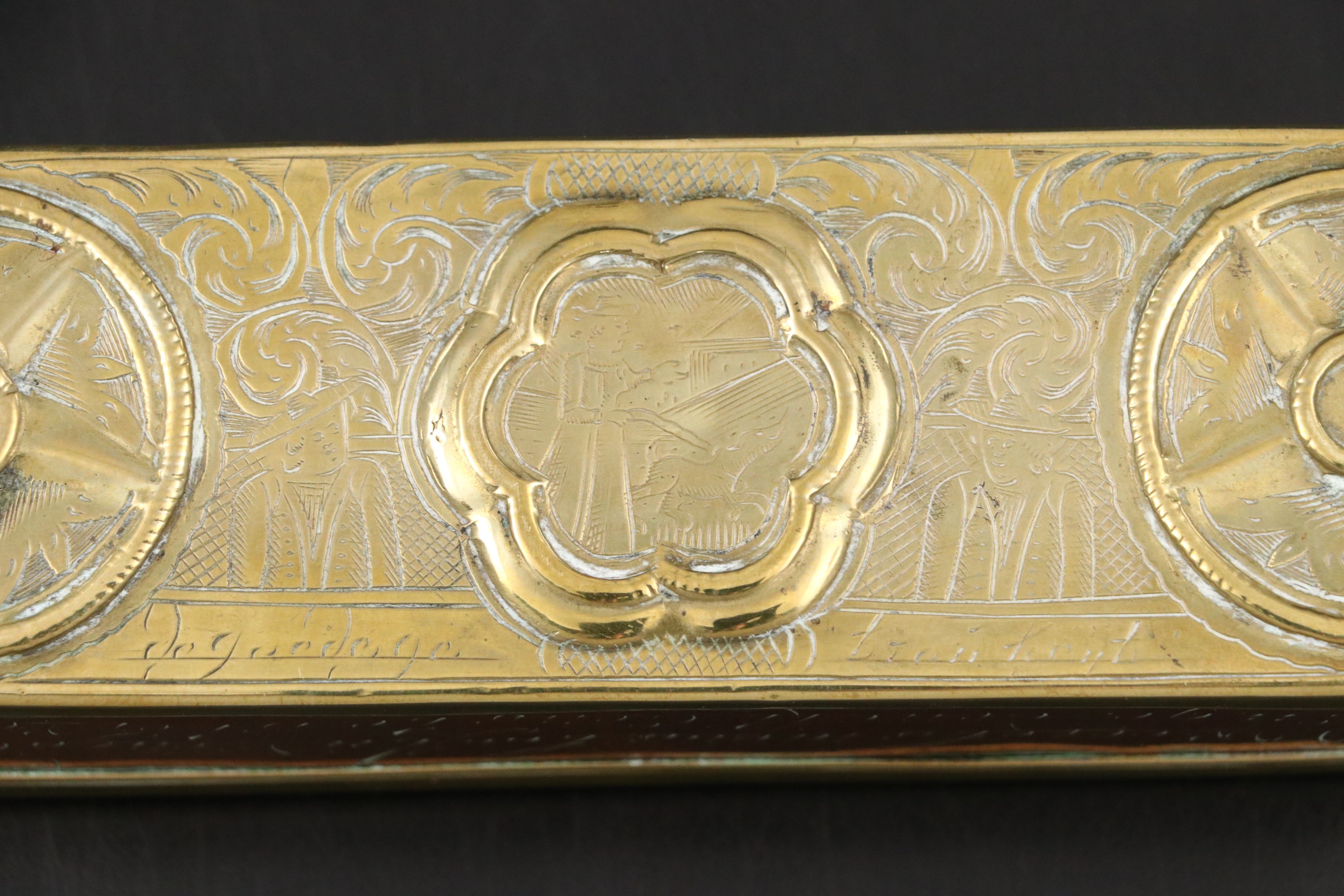 Dutch Copper and Brass Engraved Figural Tobacco Box, Mid-18th Century