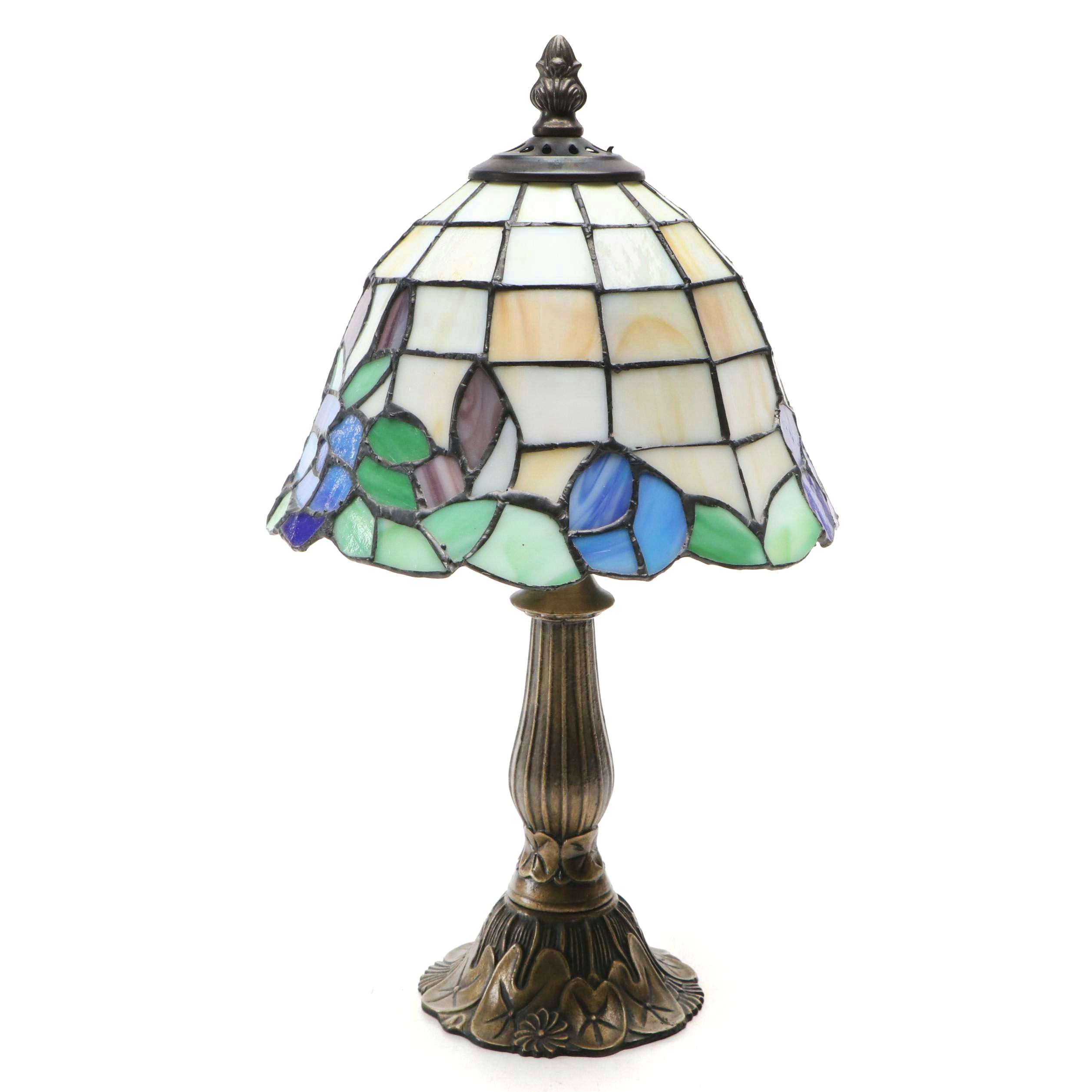 Pressed Metal Water Lily Accent Lamp with Slag Glass Floral Shade