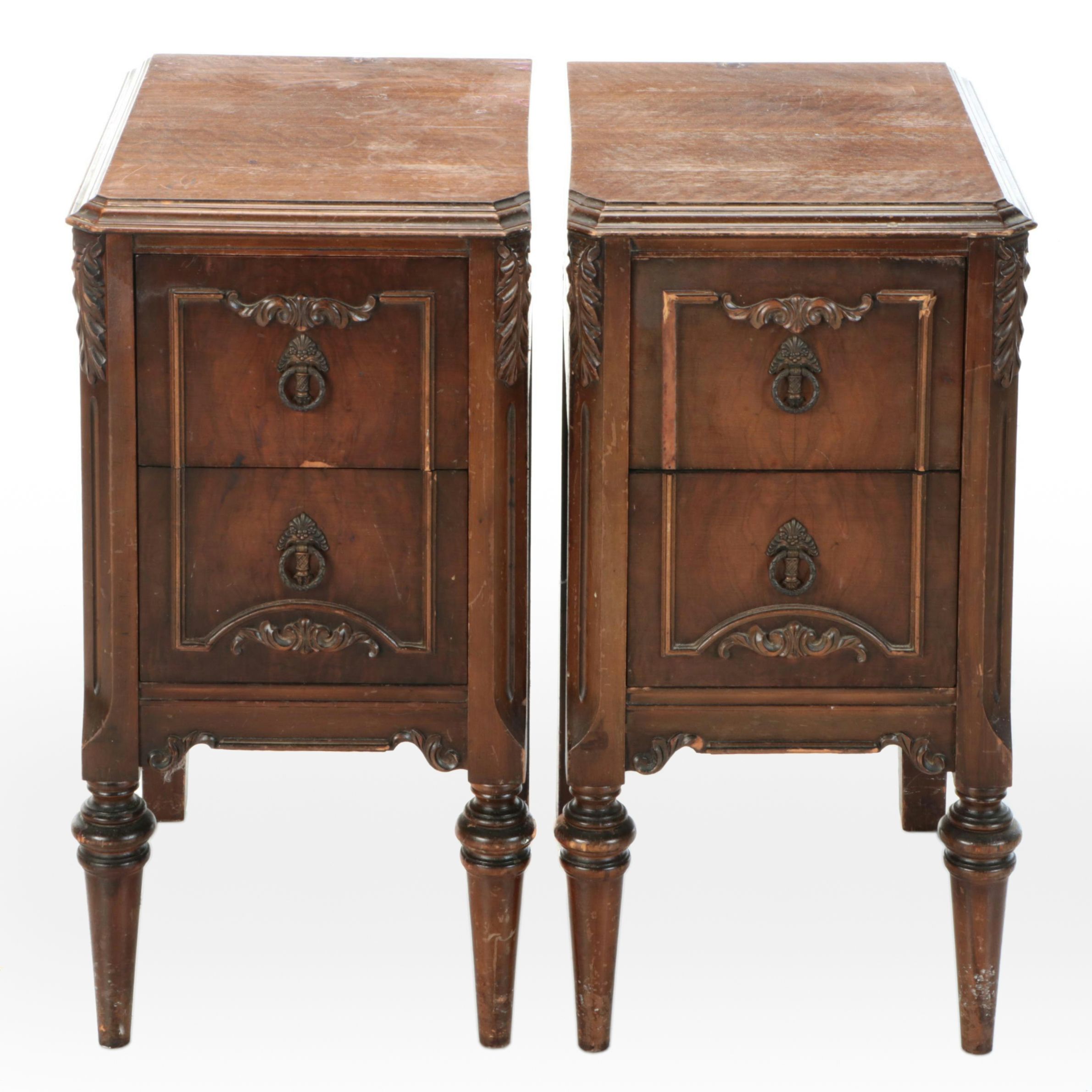 Pair of Jacobean Style Walnut Veneered Nightstands, 1930s