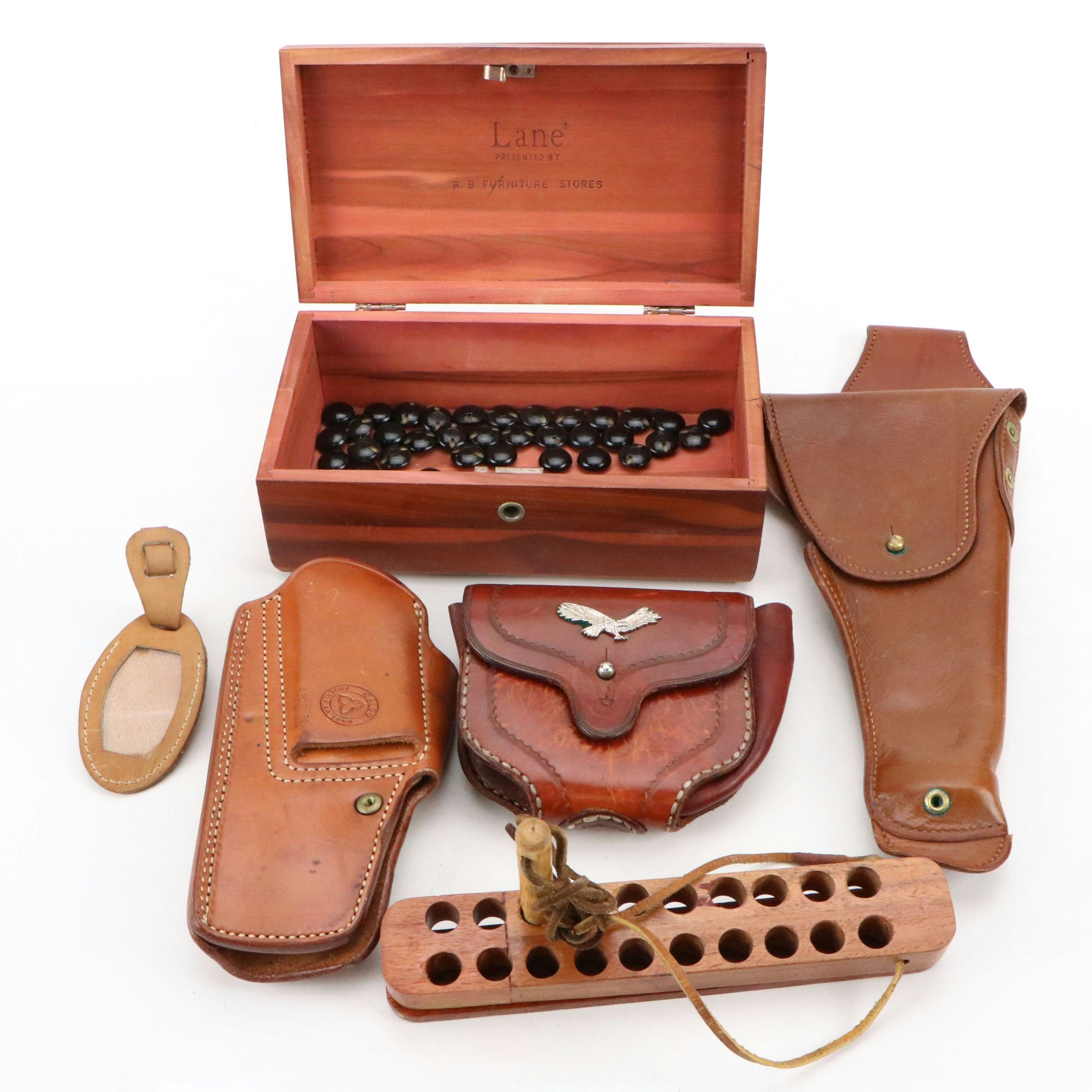 Leather Holsters and Pouch with Lane Cedar Box and Wooden Accessories