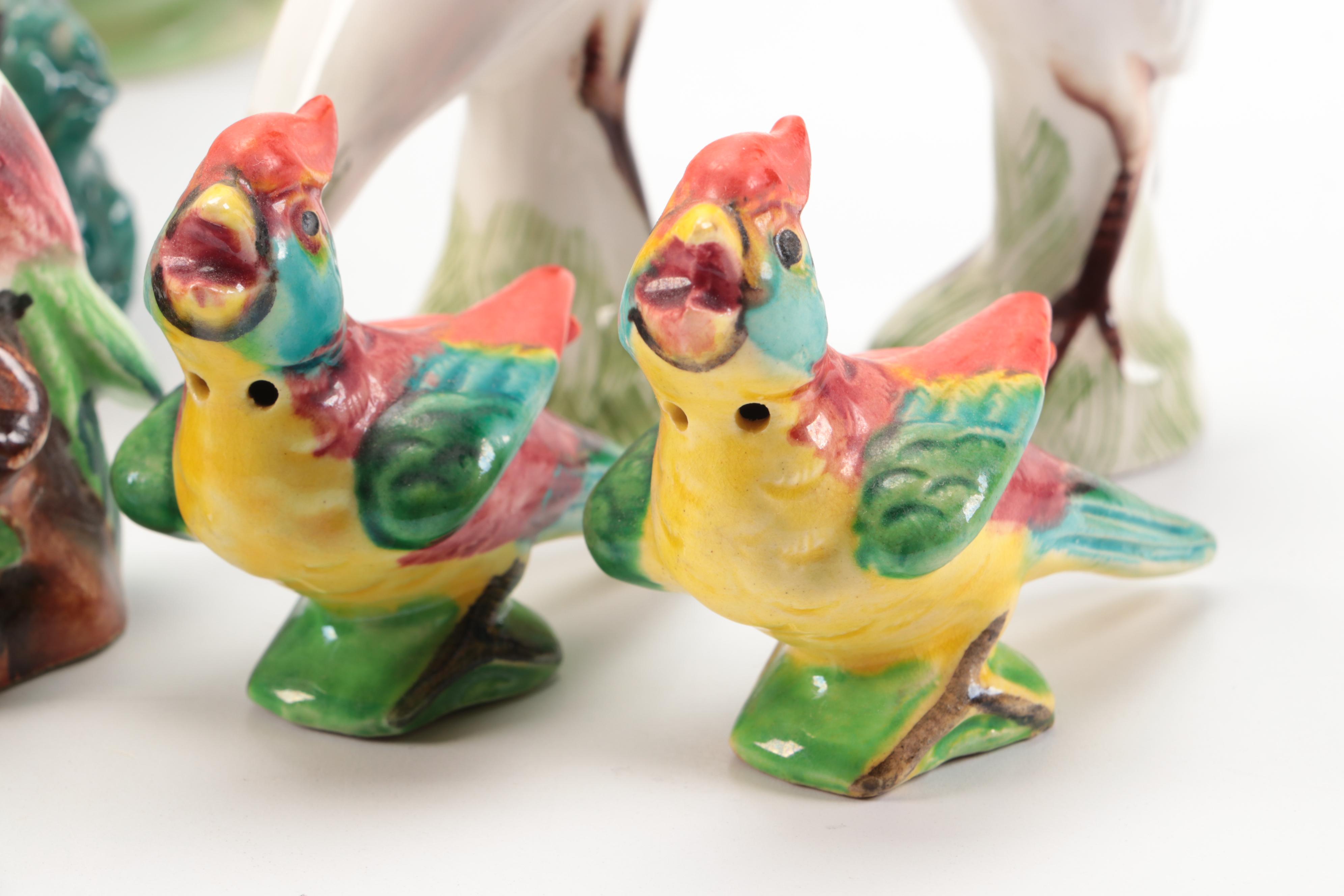 Ceramic Novelty Shakers with Porcelain Parrot Figurines