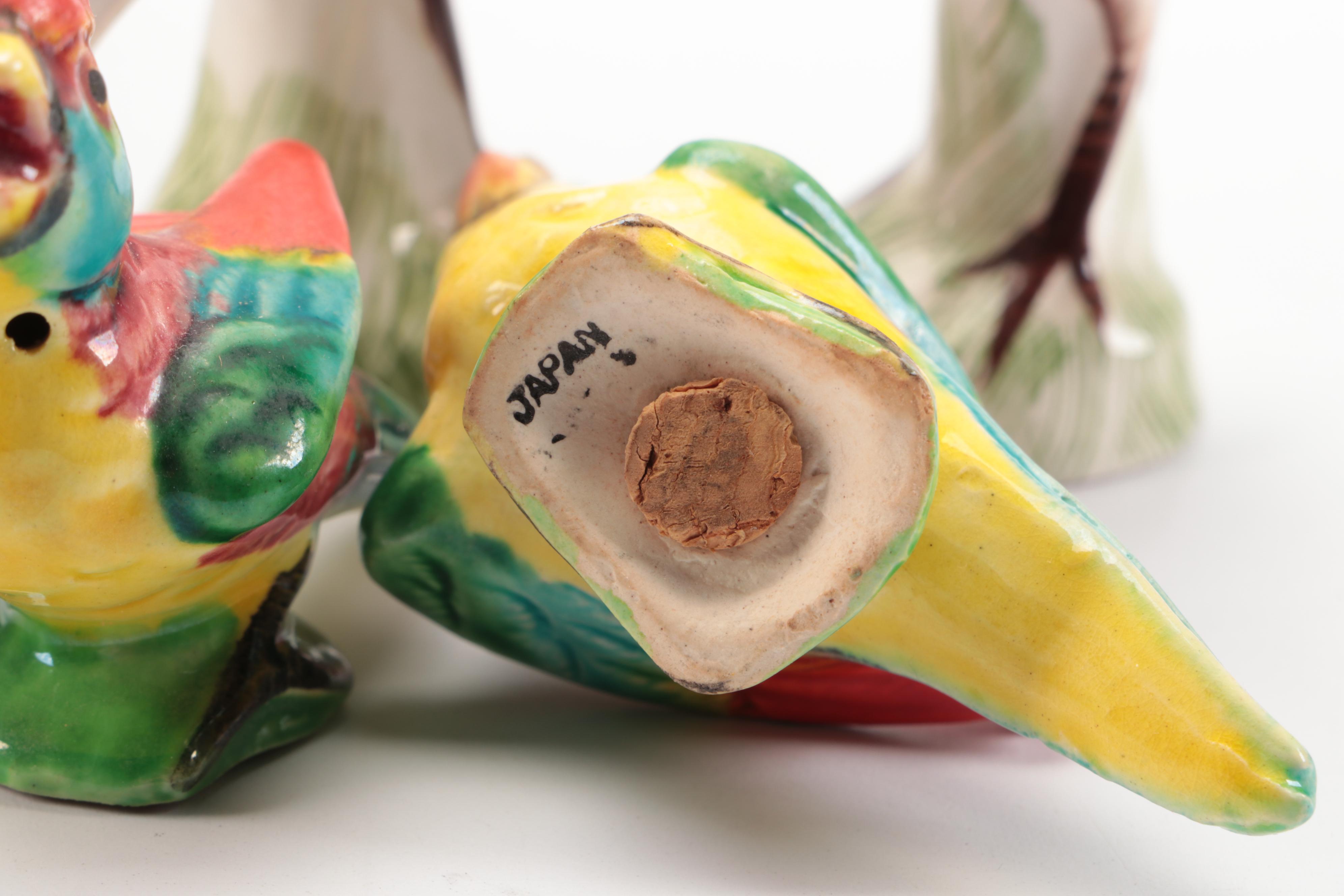 Ceramic Novelty Shakers with Porcelain Parrot Figurines