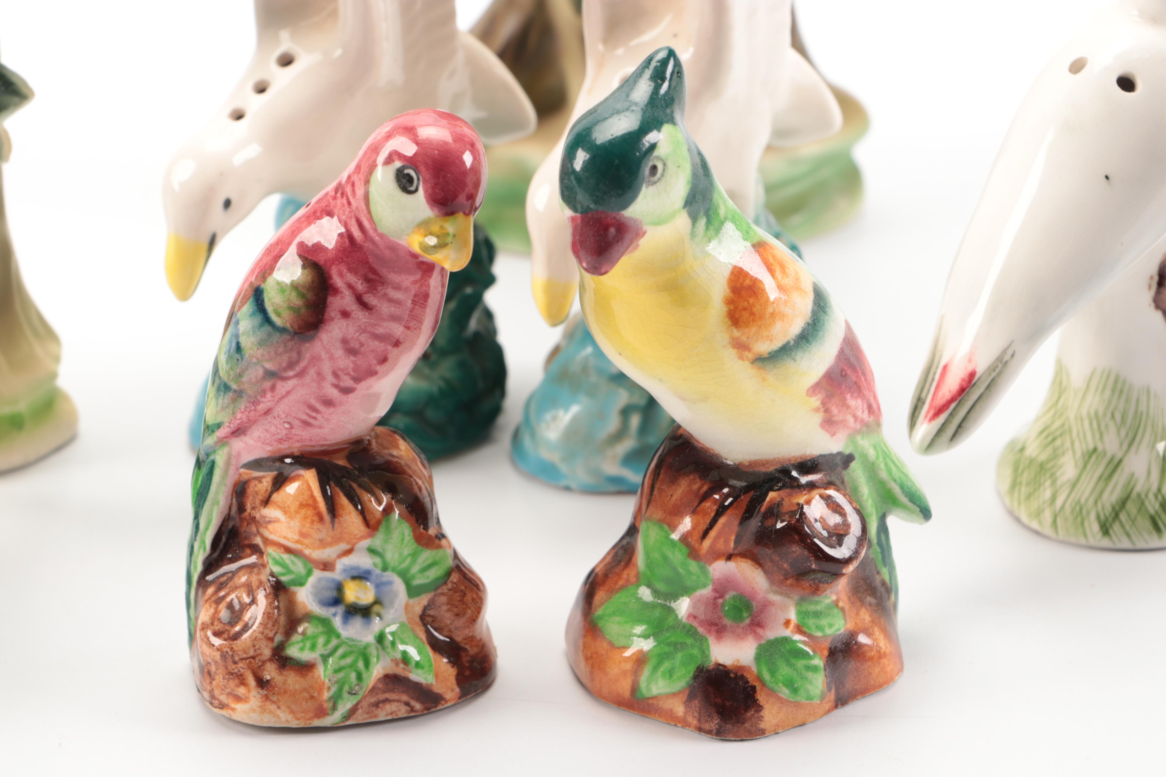 Ceramic Novelty Shakers with Porcelain Parrot Figurines