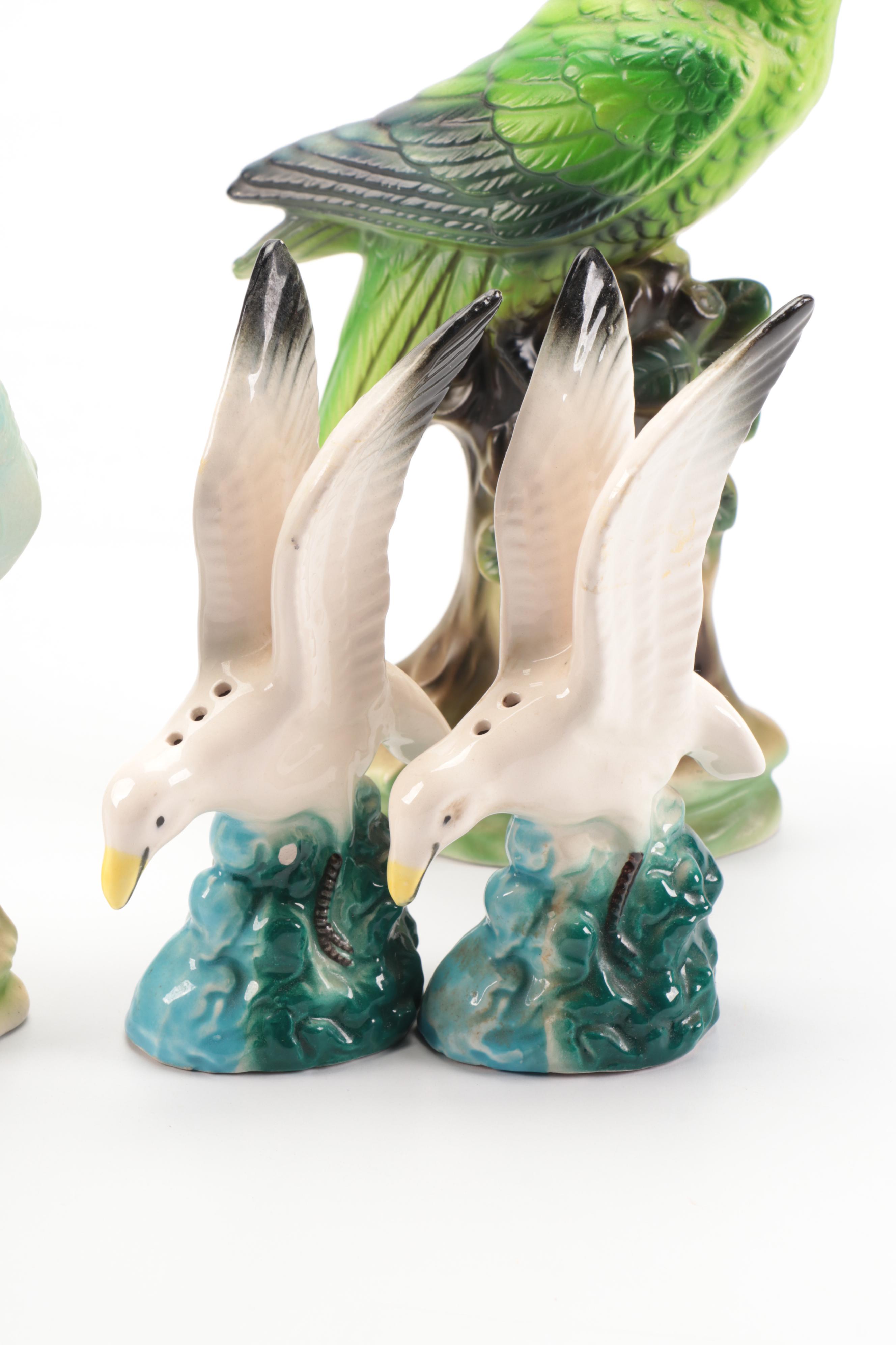 Ceramic Novelty Shakers with Porcelain Parrot Figurines