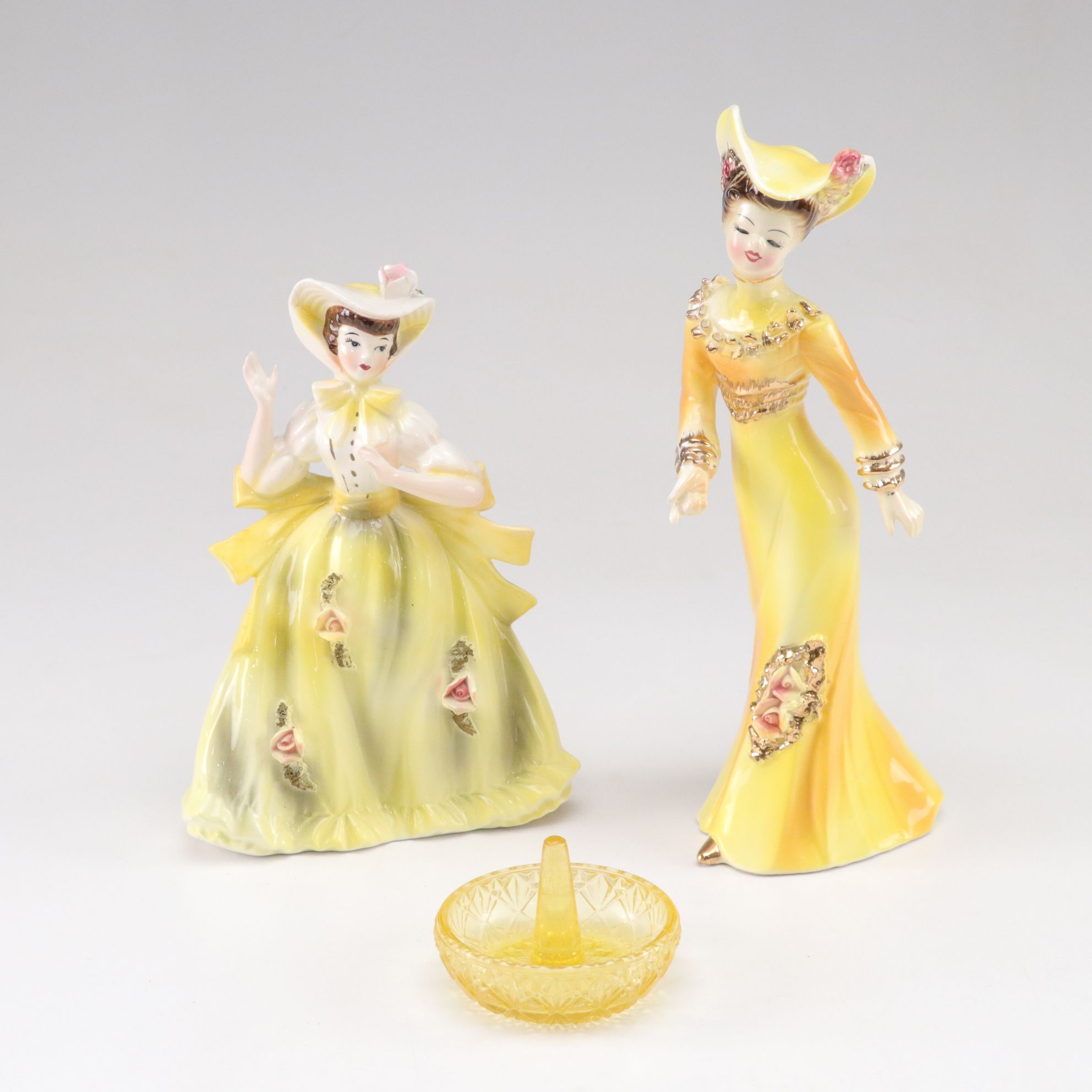 Japanese Porcelain Hand-Painted Victorian Ladies in Yellow & Fenton Ring Holder