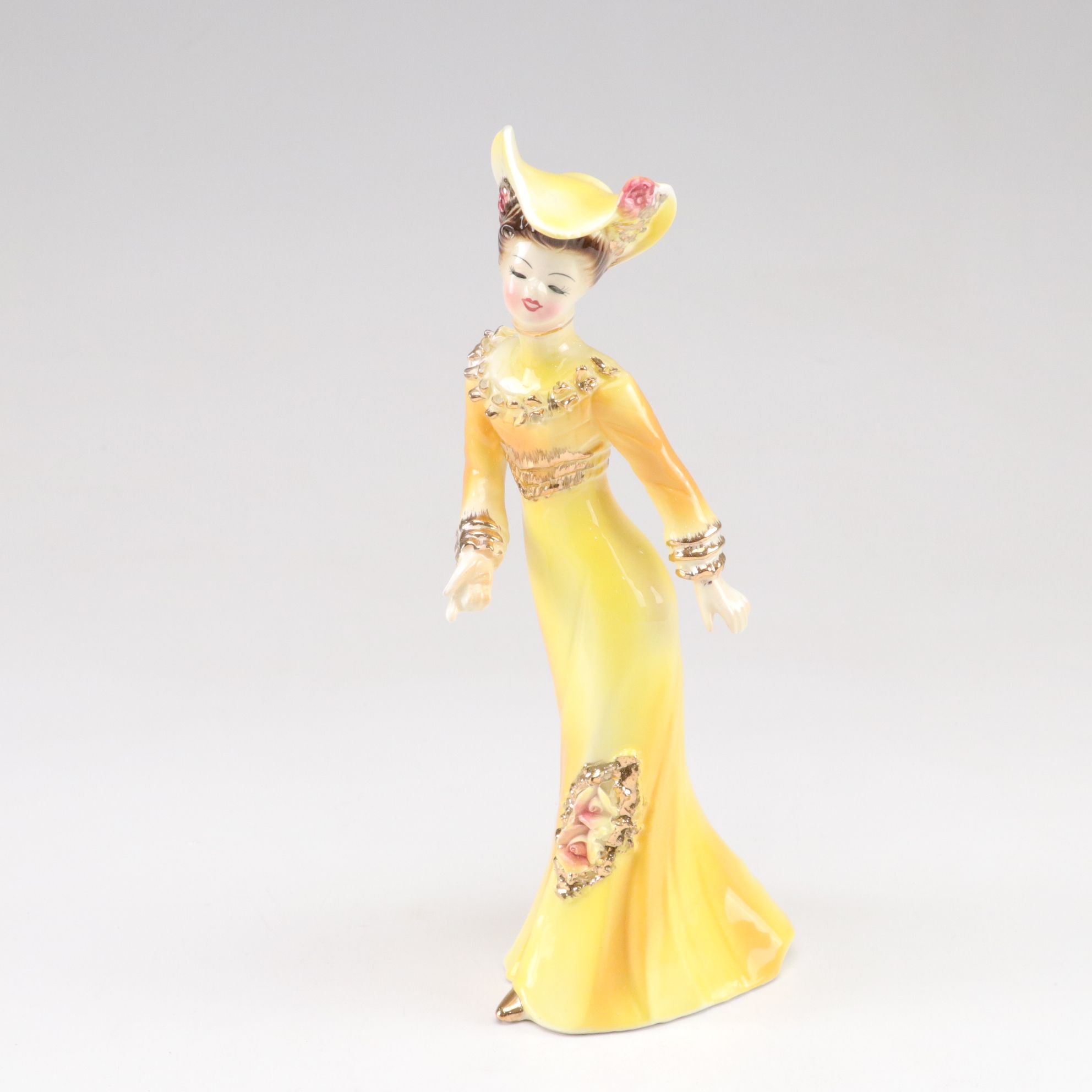 Japanese Porcelain Hand-Painted Victorian Ladies in Yellow & Fenton Ring Holder
