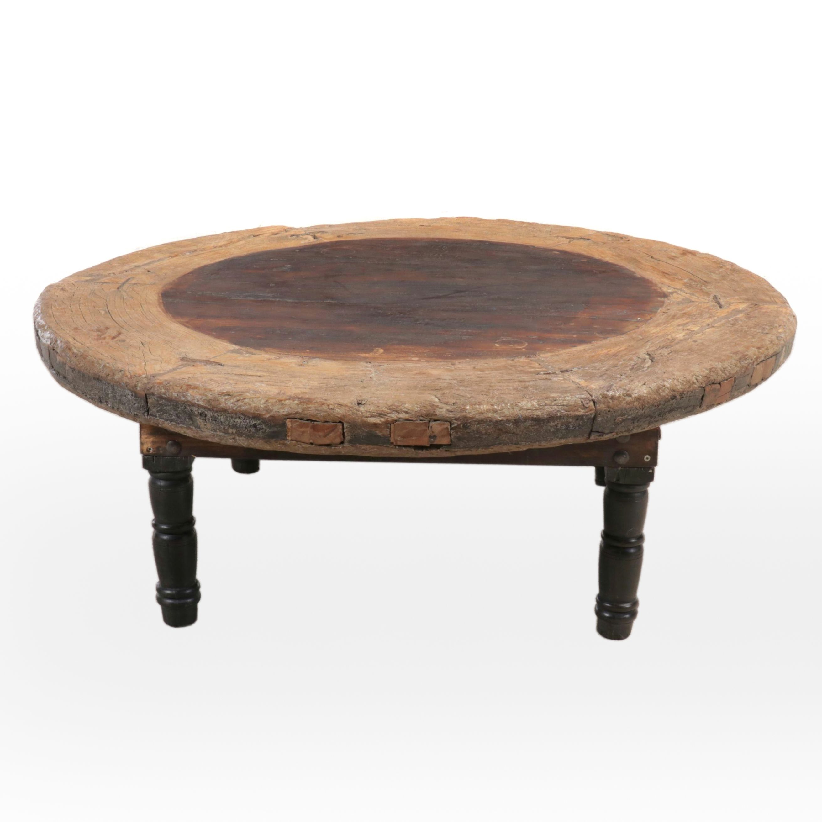 Rustic Wooden Wheel Top Coffee Table