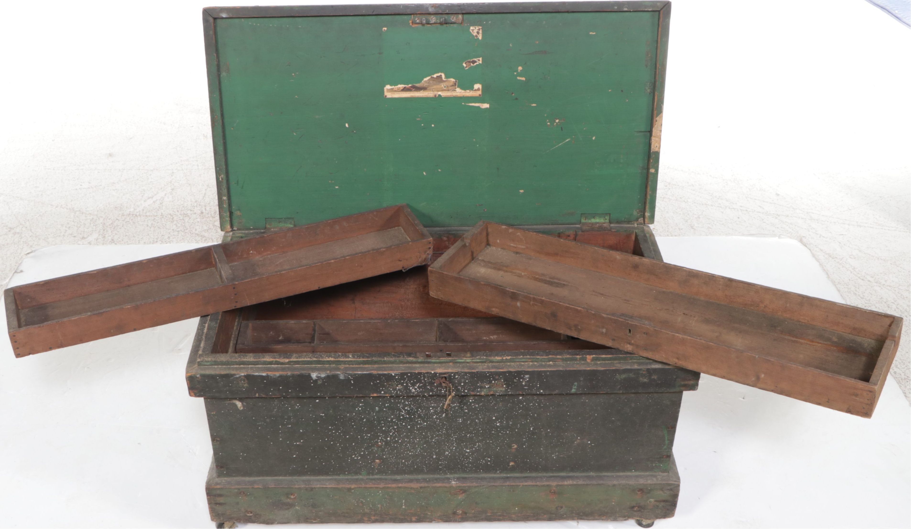 Painted Wood Carpenter's Trunk with Dividers, Inserts and Casters, Antique
