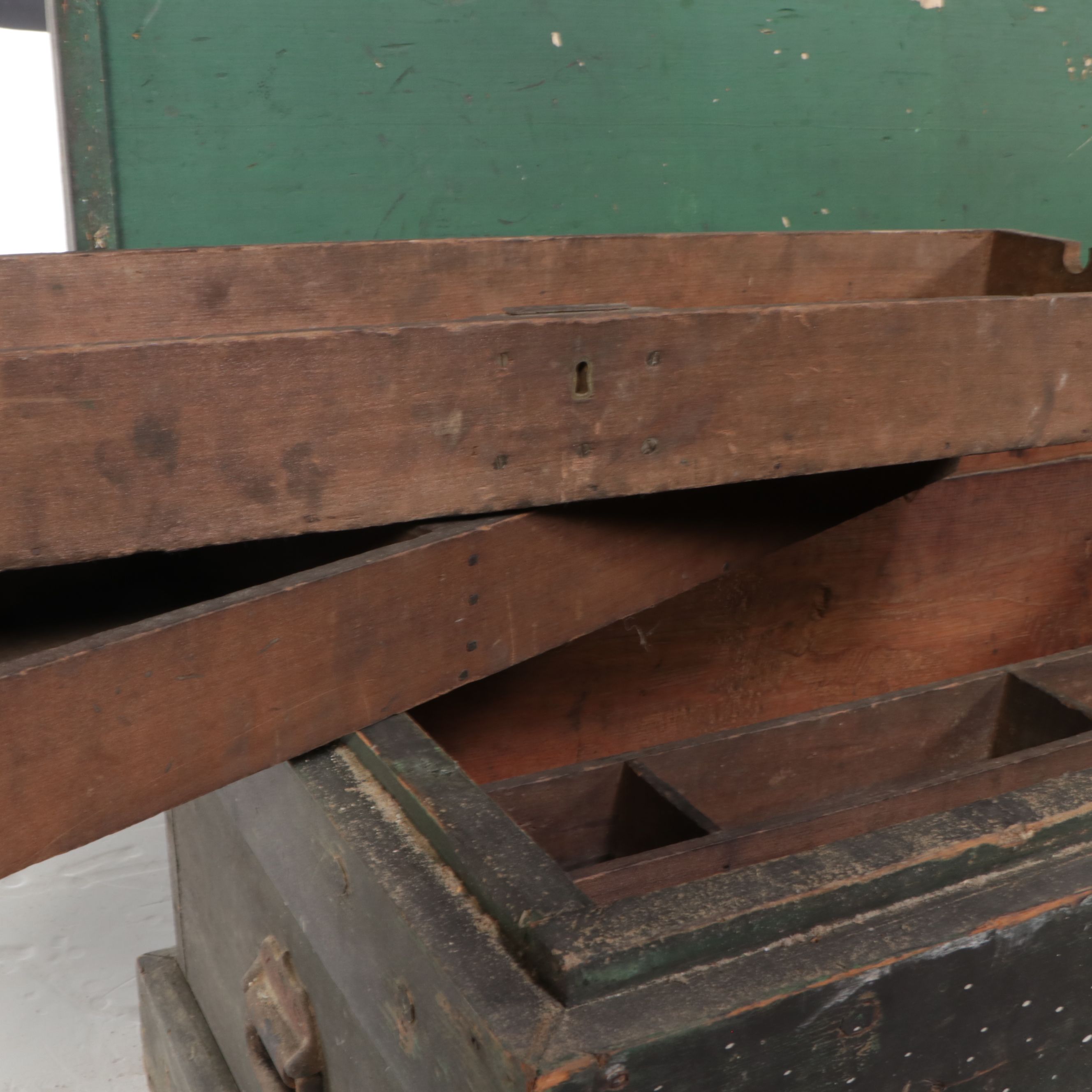 Painted Wood Carpenter's Trunk with Dividers, Inserts and Casters, Antique