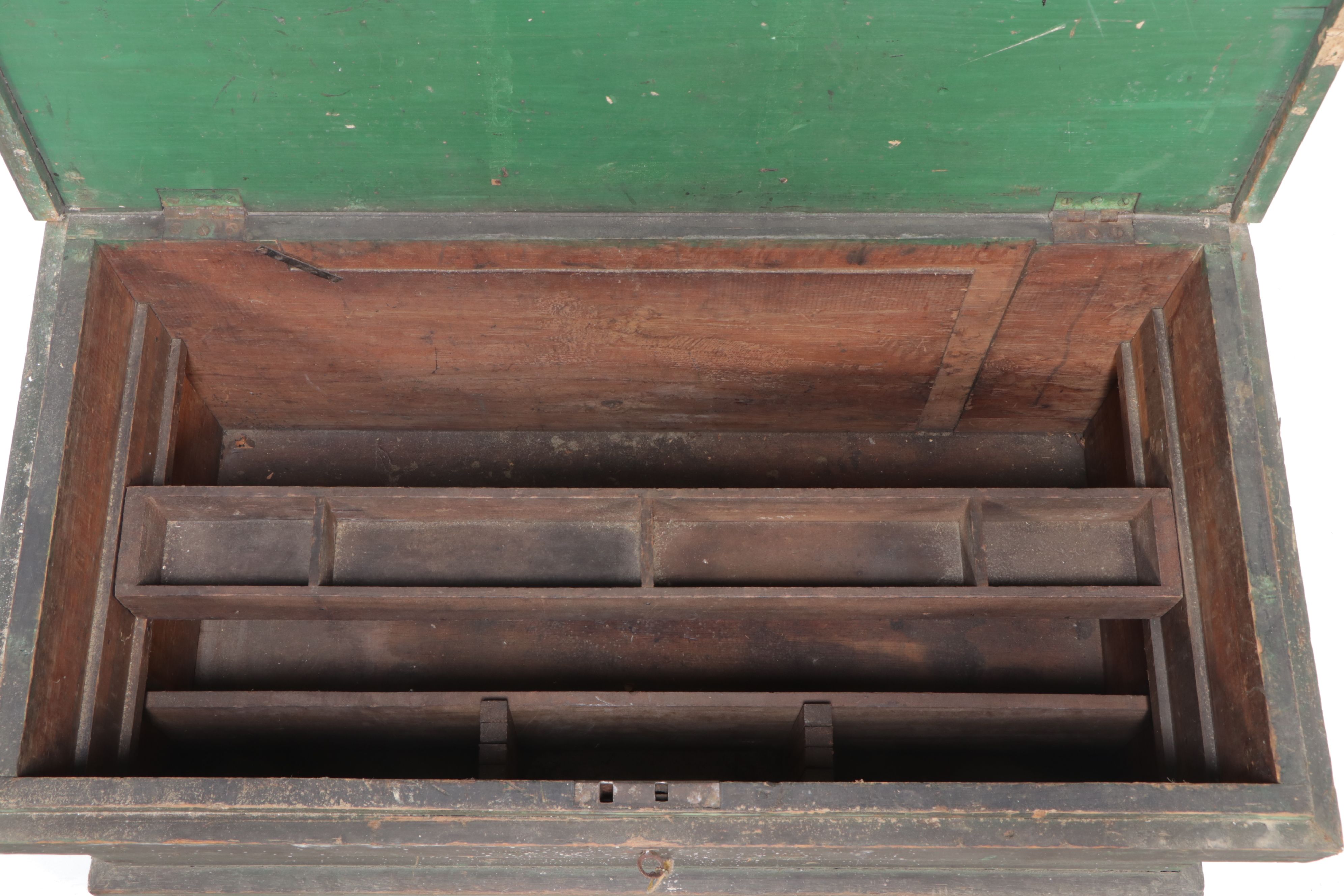 Painted Wood Carpenter's Trunk with Dividers, Inserts and Casters, Antique