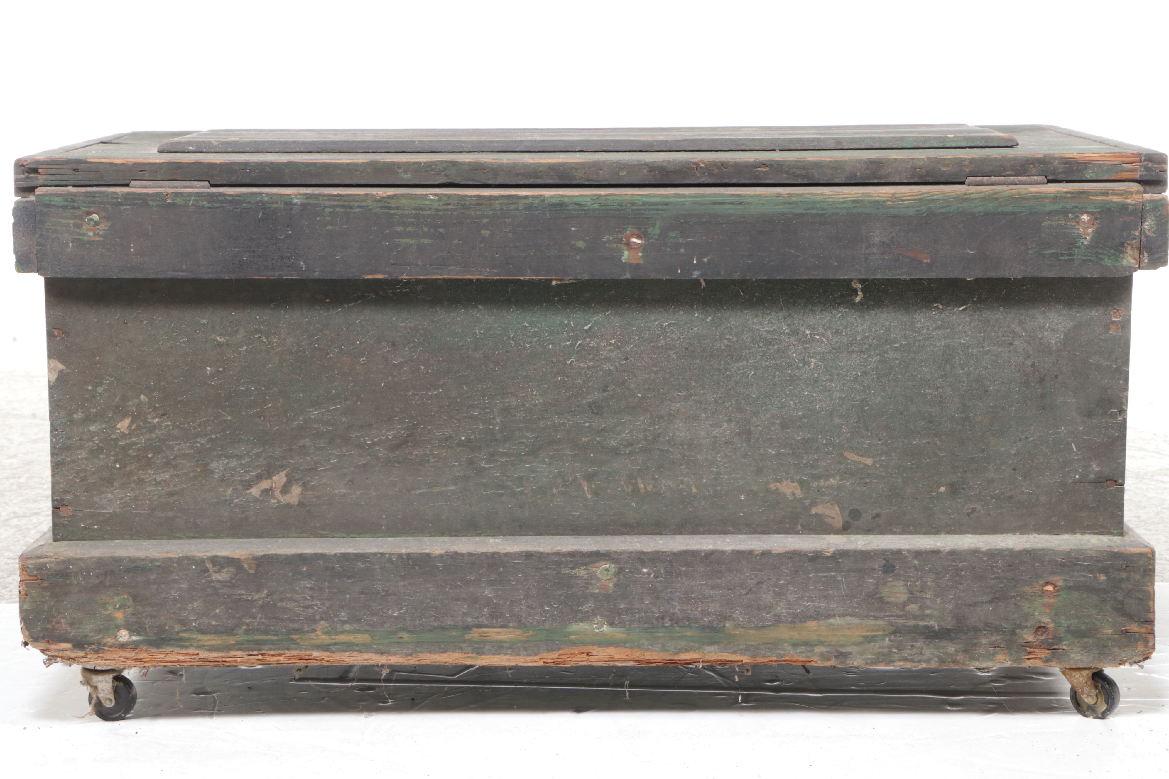 Painted Wood Carpenter's Trunk with Dividers, Inserts and Casters, Antique