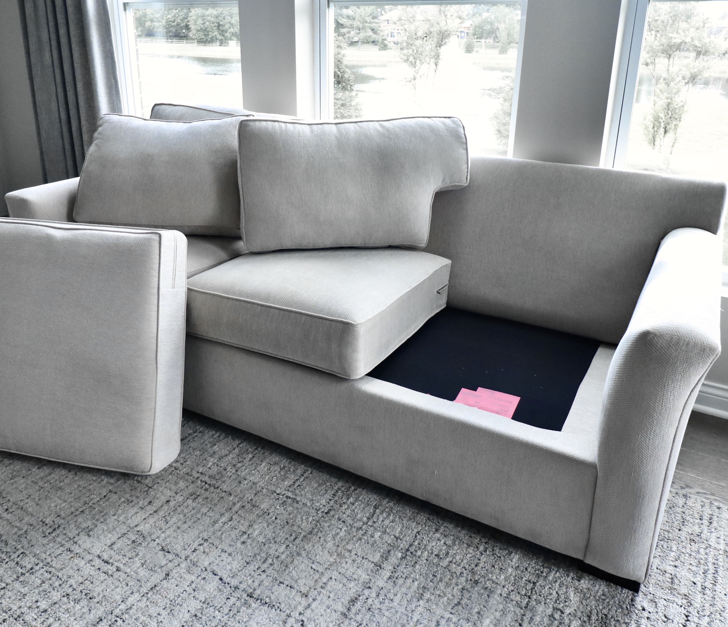 Living Spaces "Linden" Beige Upholstered Sofa