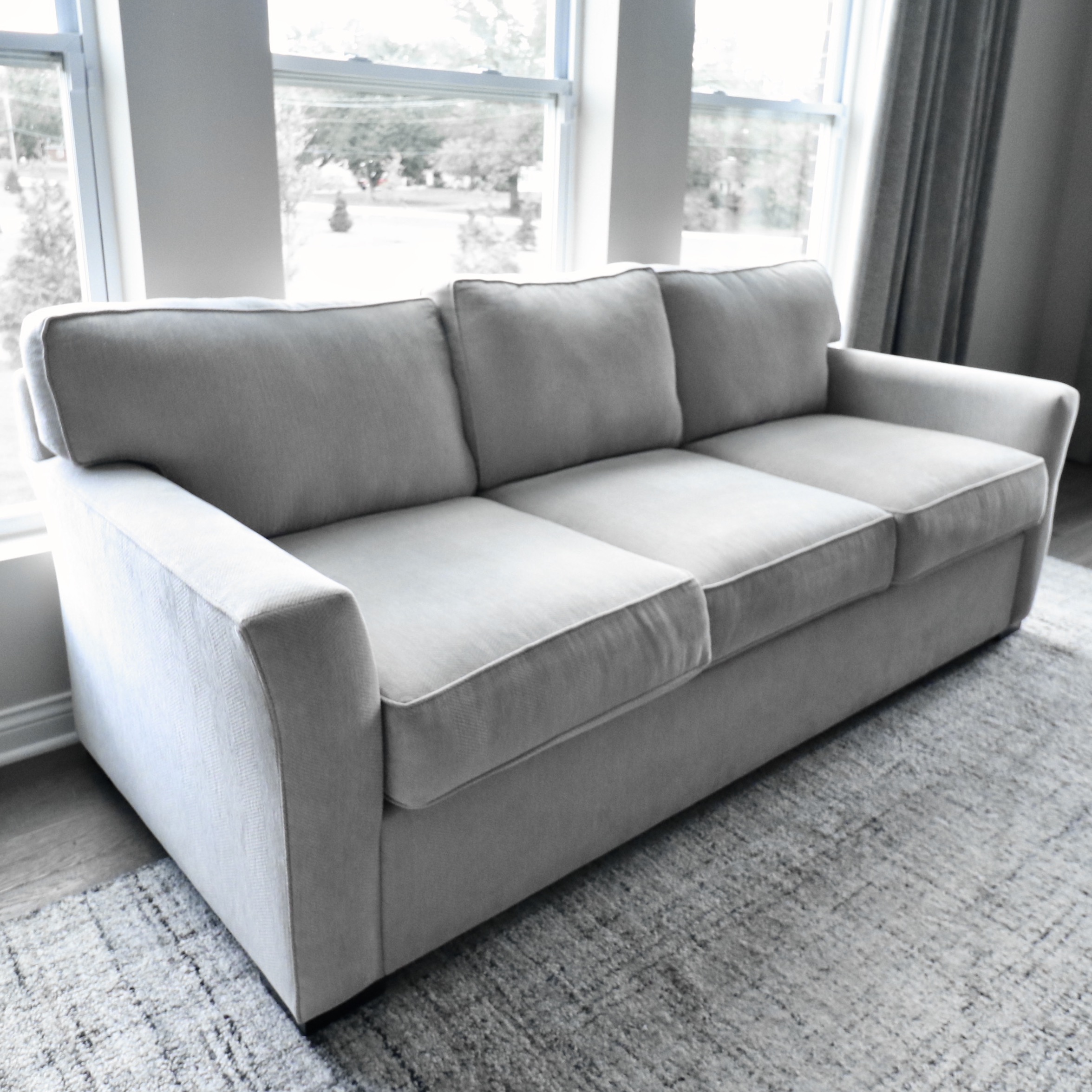 Living Spaces "Linden" Beige Upholstered Sofa