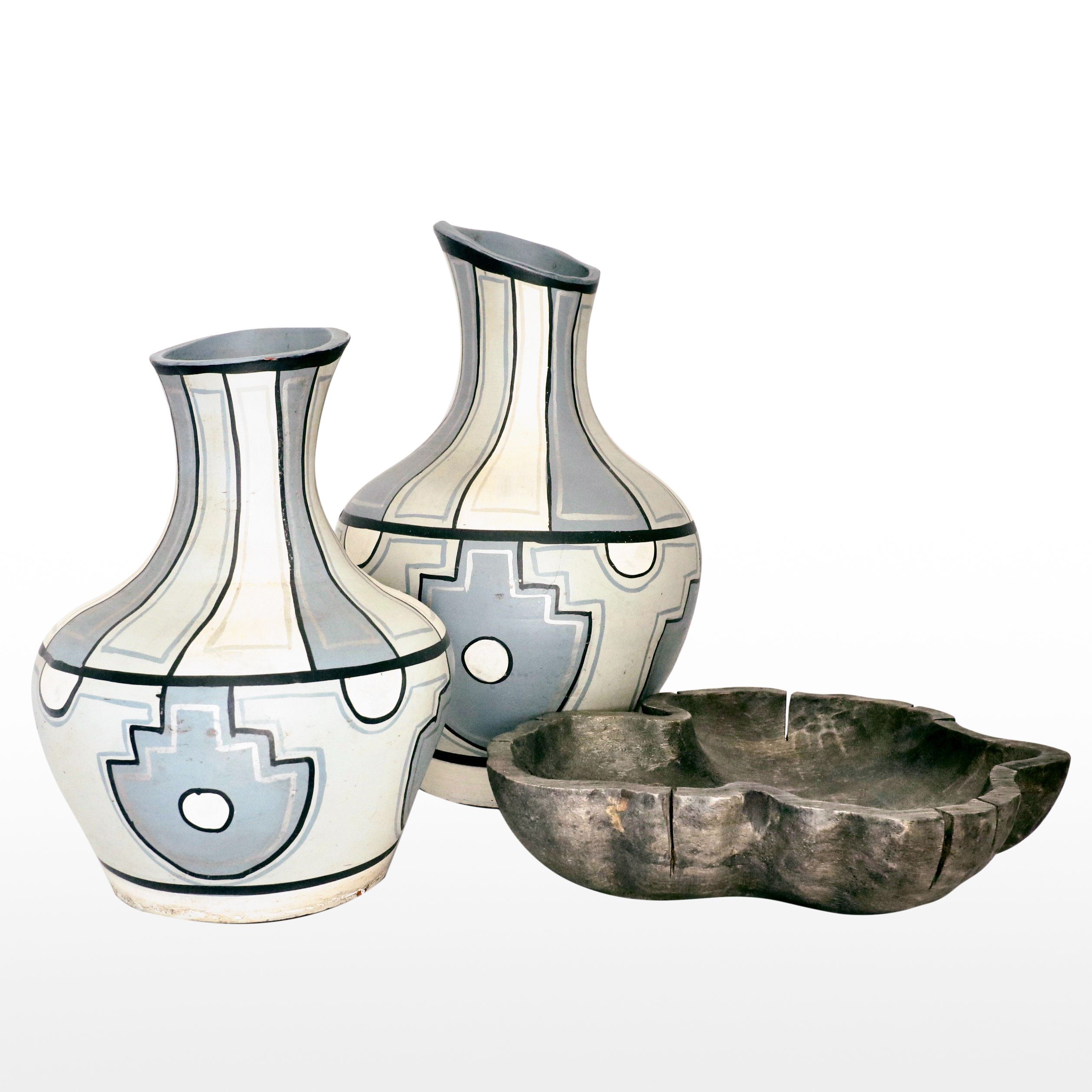 Crestview Home "Fresno" Hand Painted Terracotta Vases and Rustic Wood Bowl