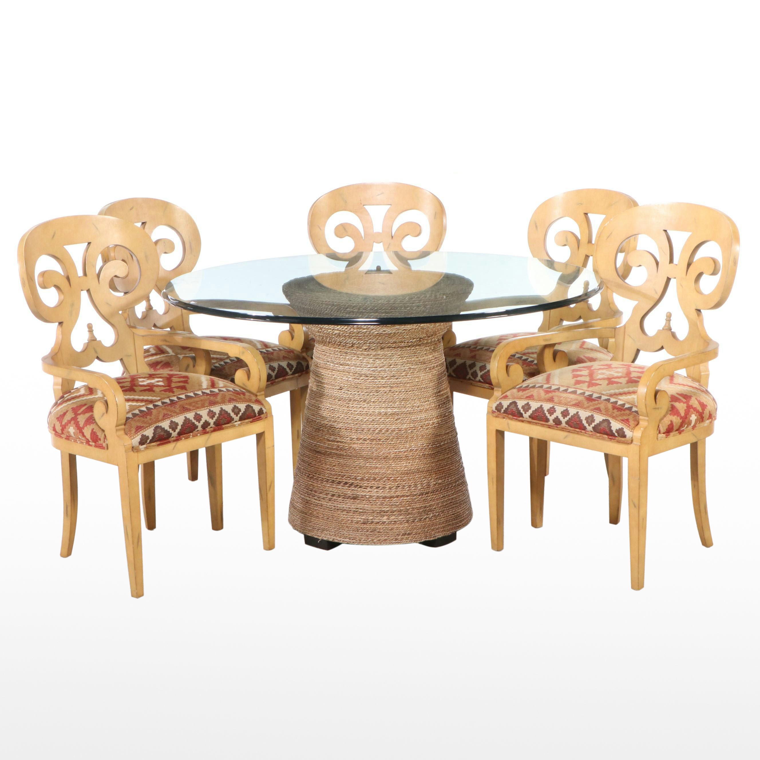 Glass Top Rope Wrapped Pedestal Dining Table with Five Biedermeier Style Chairs