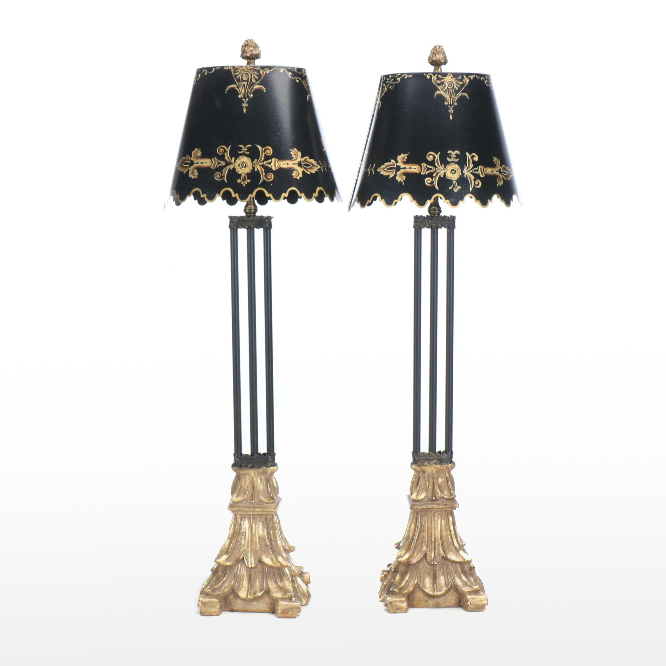 French Empire Style Metal on Gold Finish Wood Base Table Lamps