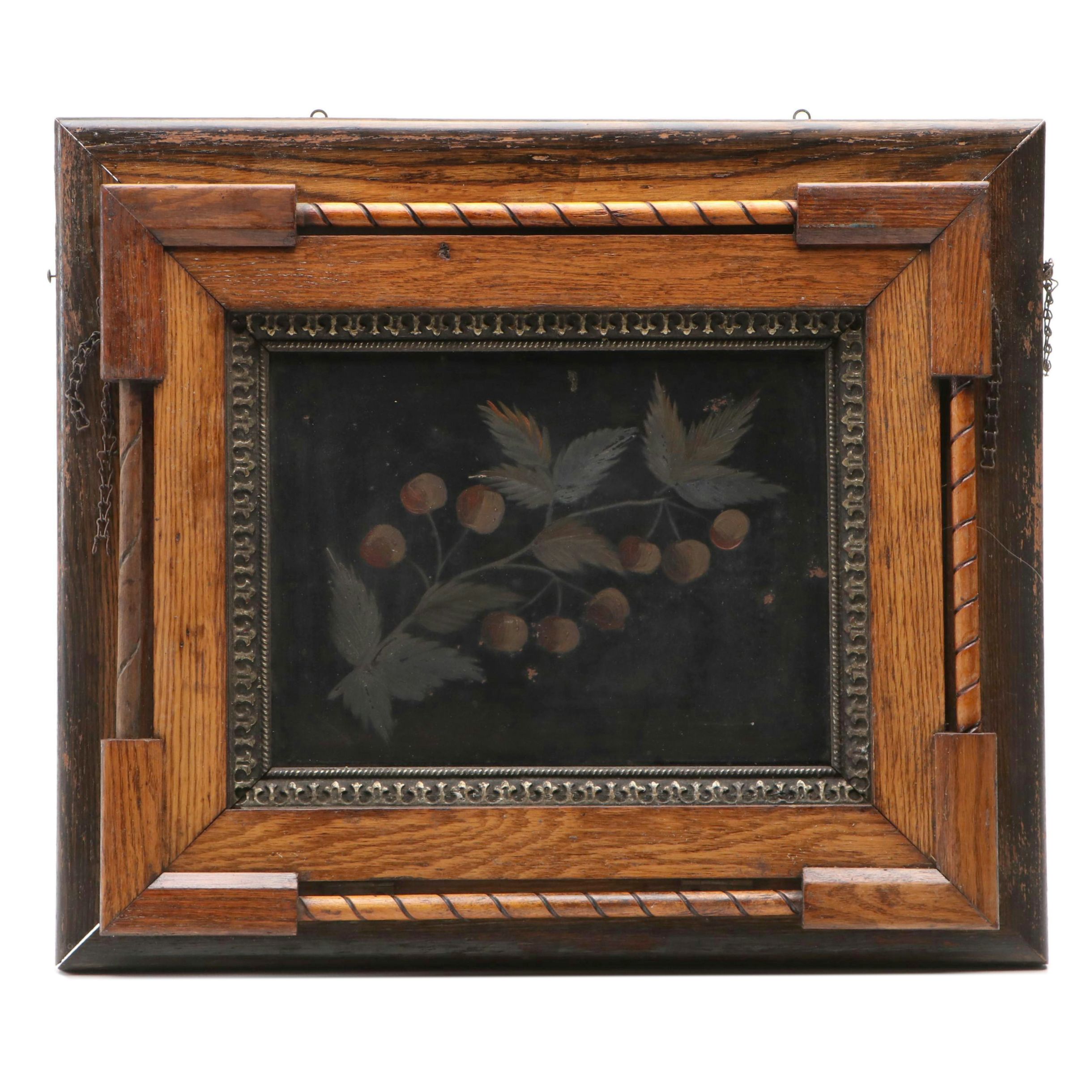 Victorian Carved Oak and Painted Tin Wall Pocket, Late 19th Century