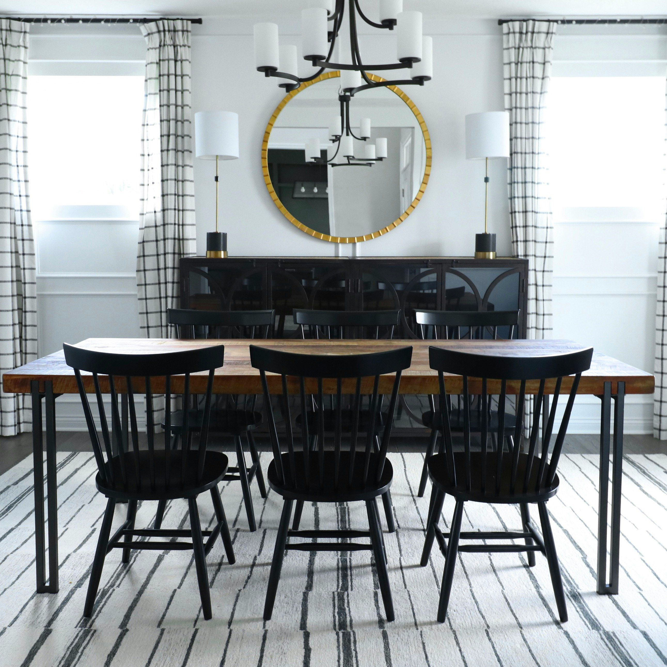 Farmhouse Style Wood Dining Table and Six Spindle-Back Chairs