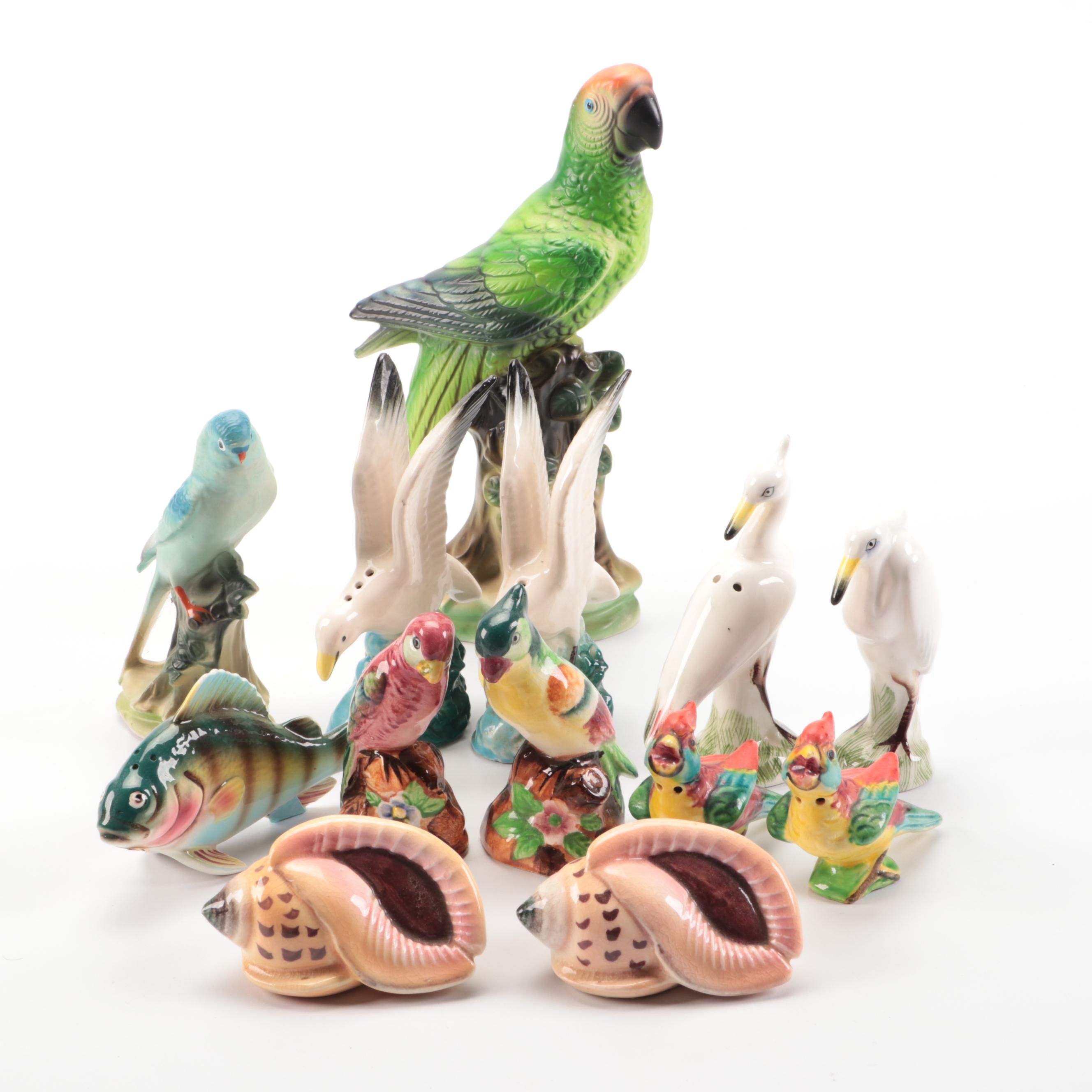 Ceramic Novelty Shakers with Porcelain Parrot Figurines