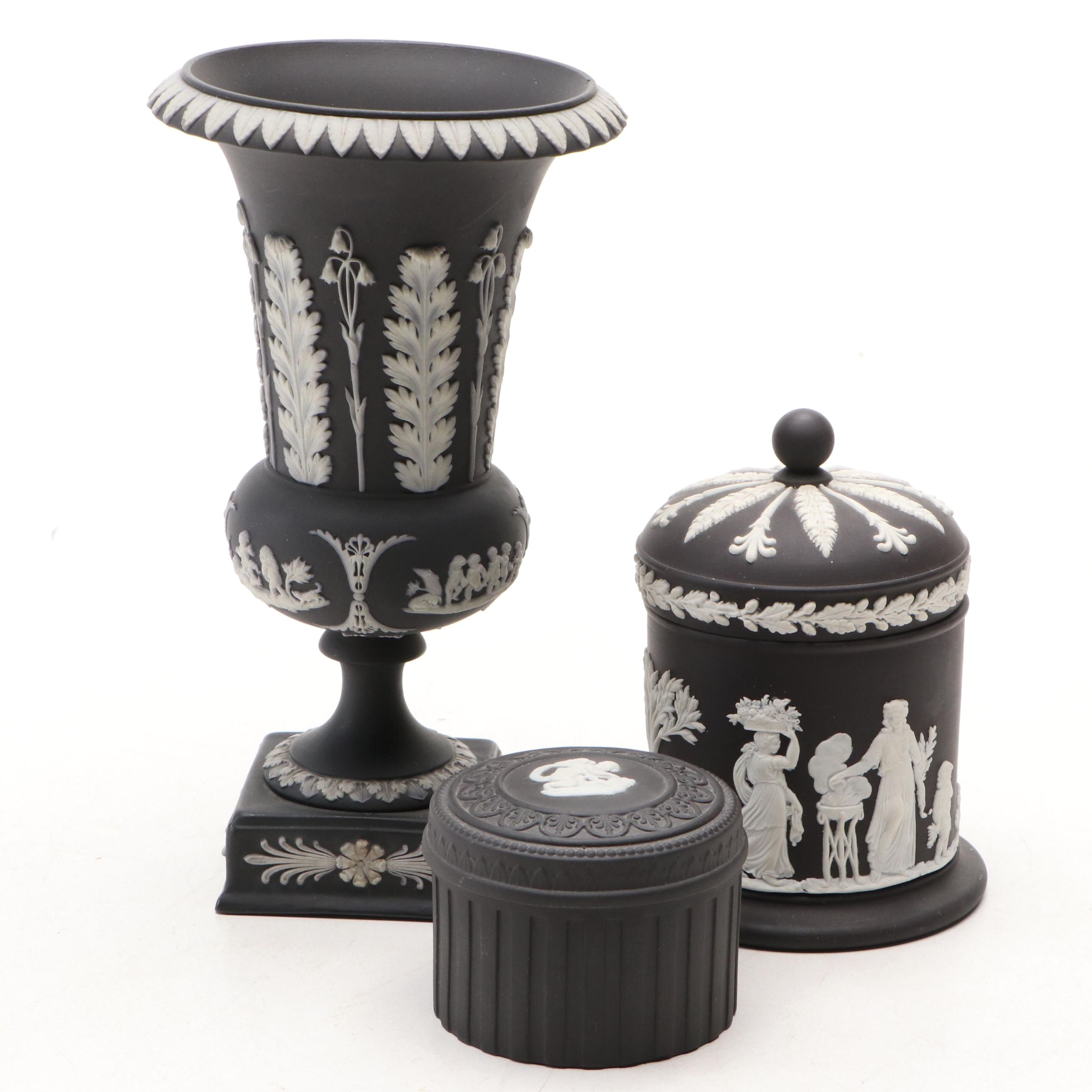 Wedgwood Black Jasperware Vase and Lidded Vessels