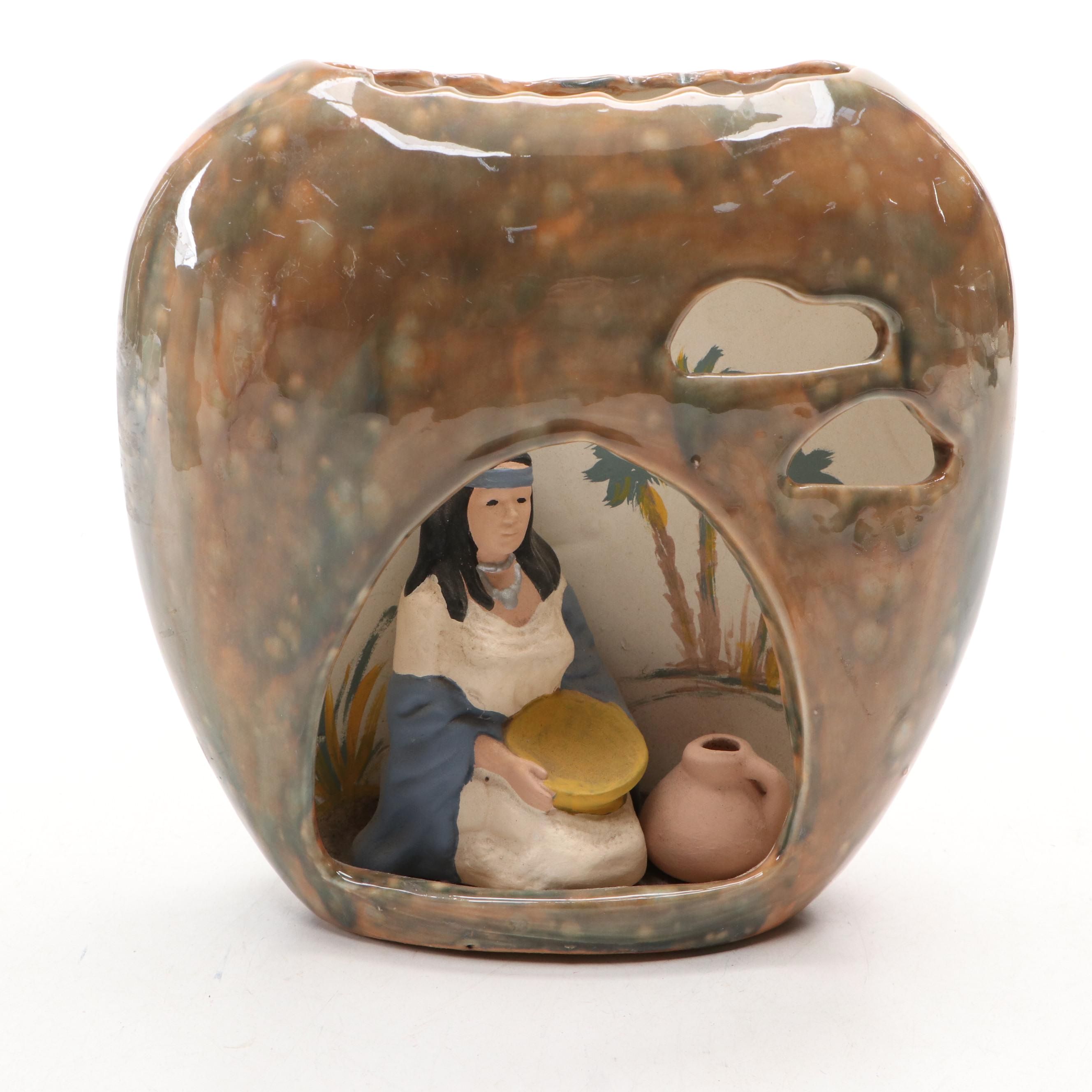 Figural Pottery Lamp with Woman Fetching Water