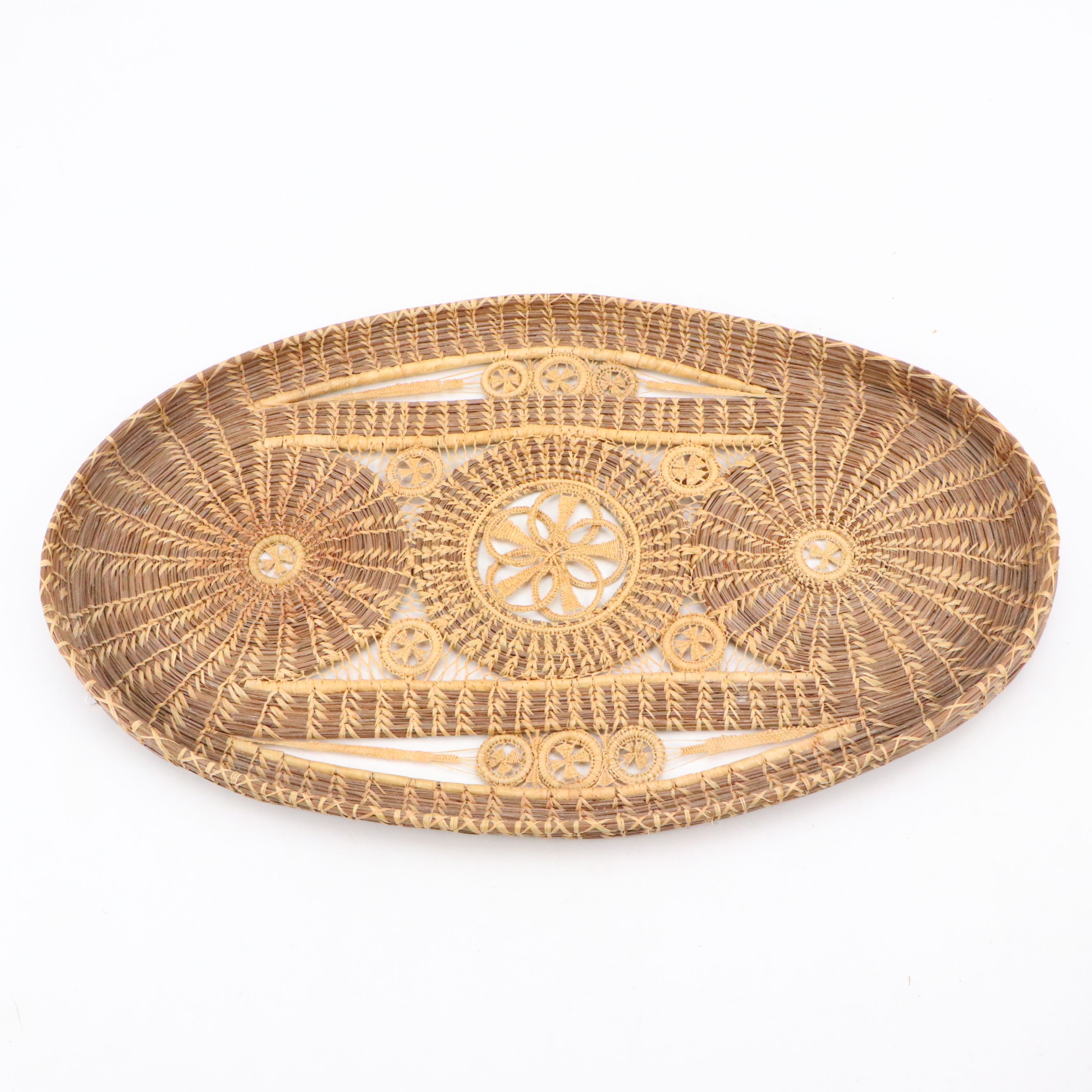Vintage Coushatta Koasati Wheel Motif Pine Needle Basket Bowl and Trays
