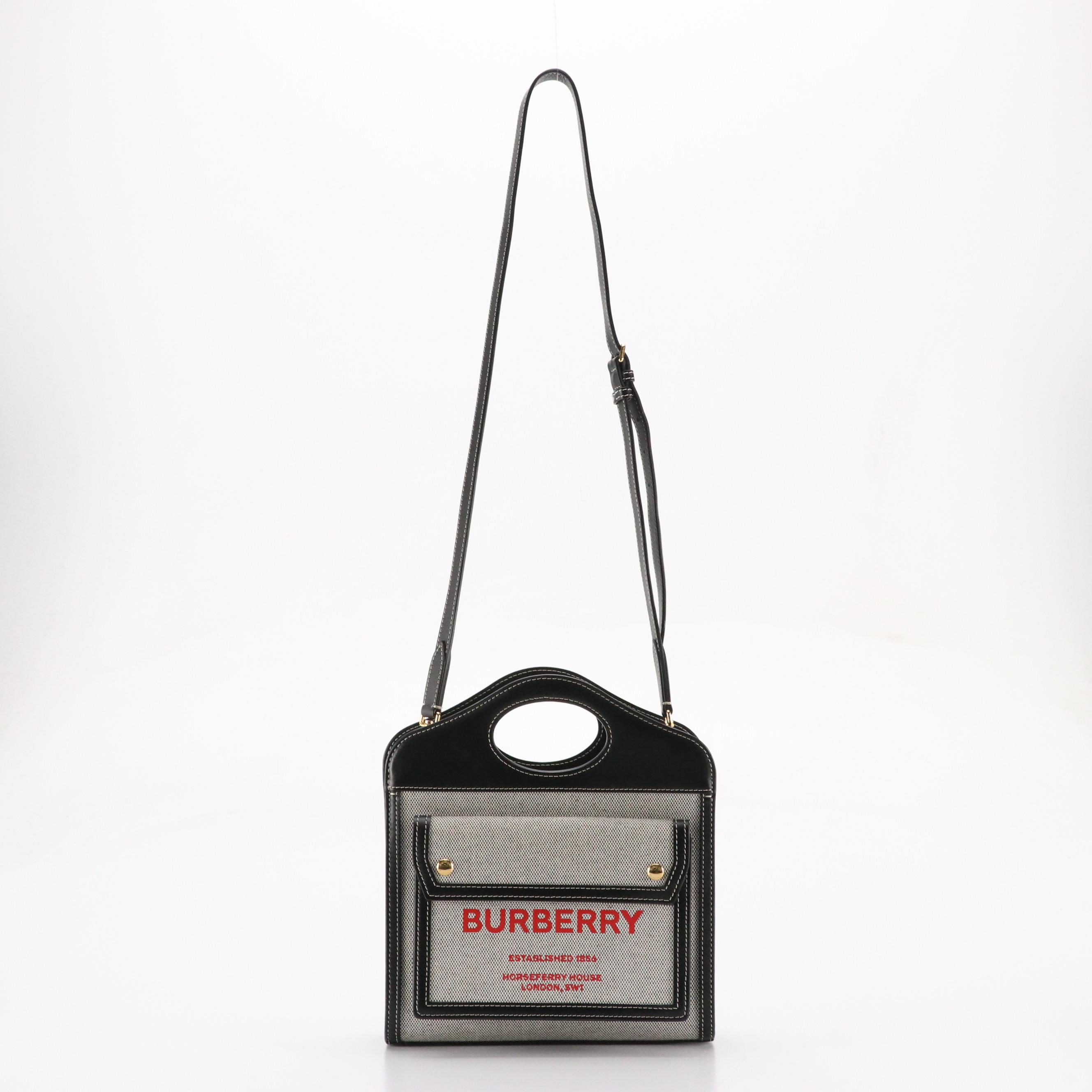 Burberry Logo Pocket Two-Way Tote in Canvas and Black Calfskin Leather Trim