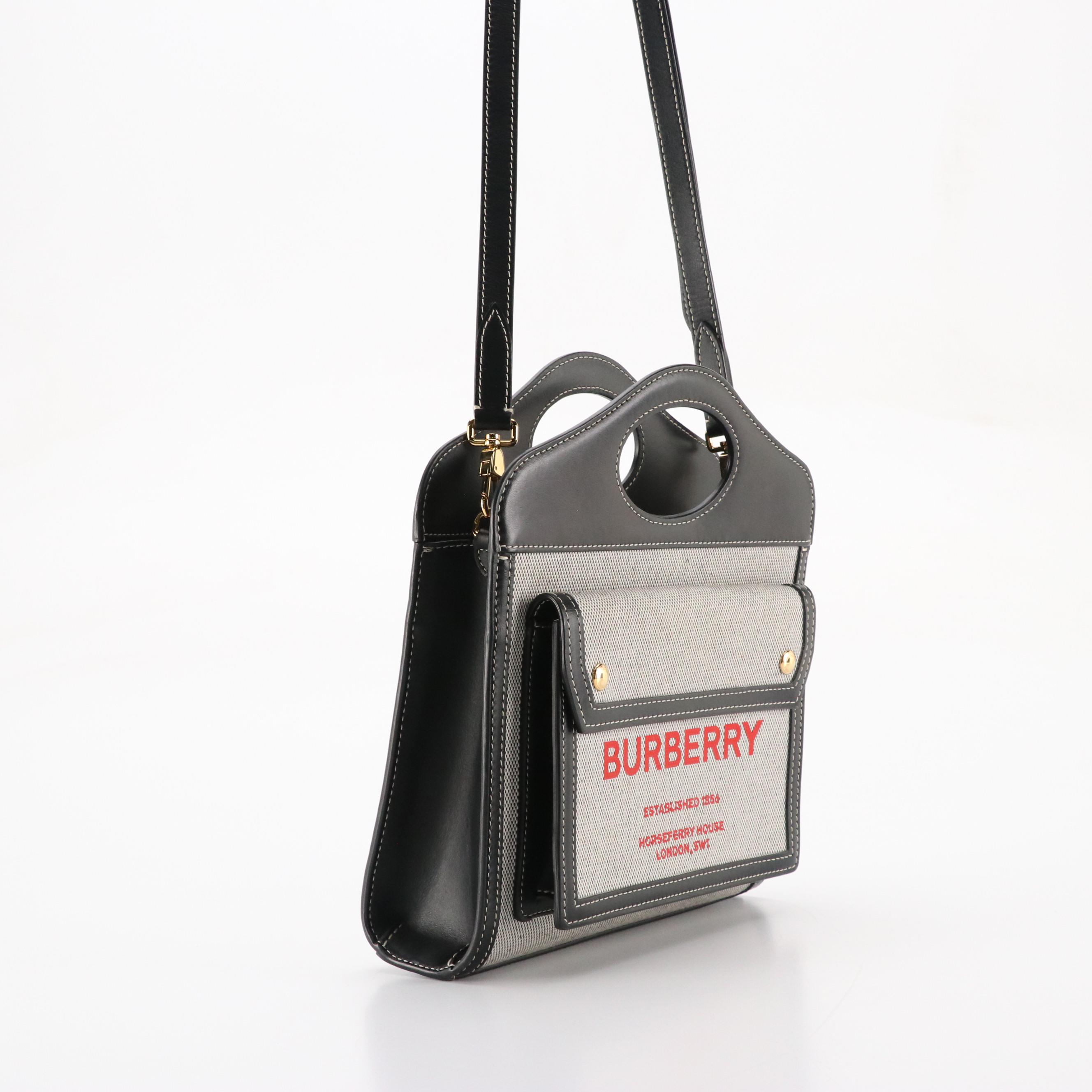 Burberry Logo Pocket Two-Way Tote in Canvas and Black Calfskin Leather Trim