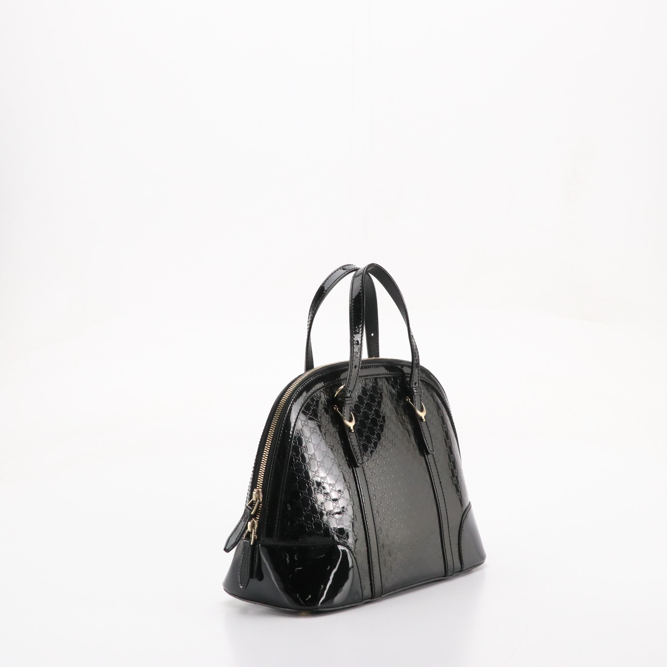 Gucci Nice Dome Two-Way Bag in Black Patent Micro Guccissima Leather