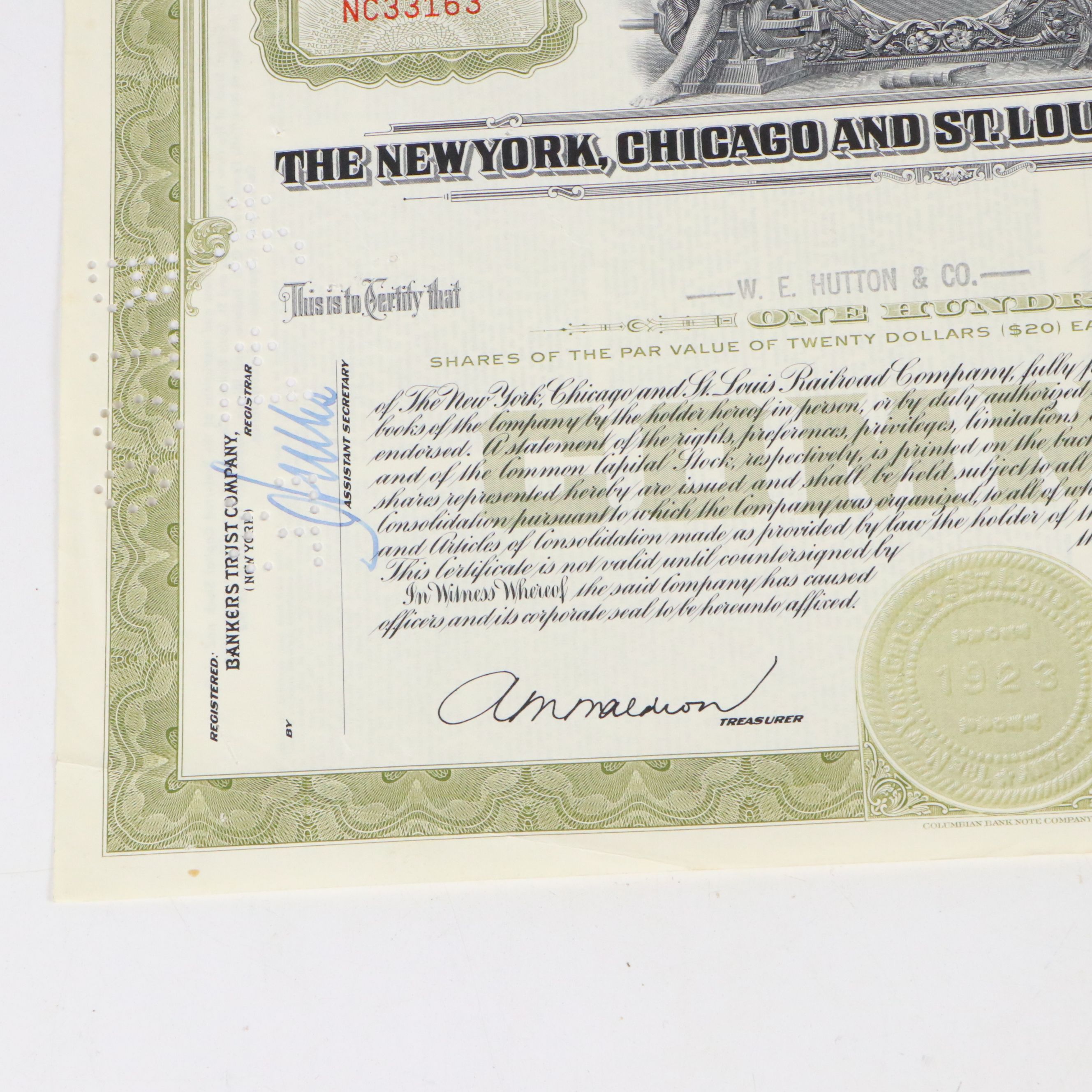 New York, Chicago and St. Louis Railroad Company Stock Certificates, Mid-20th C.