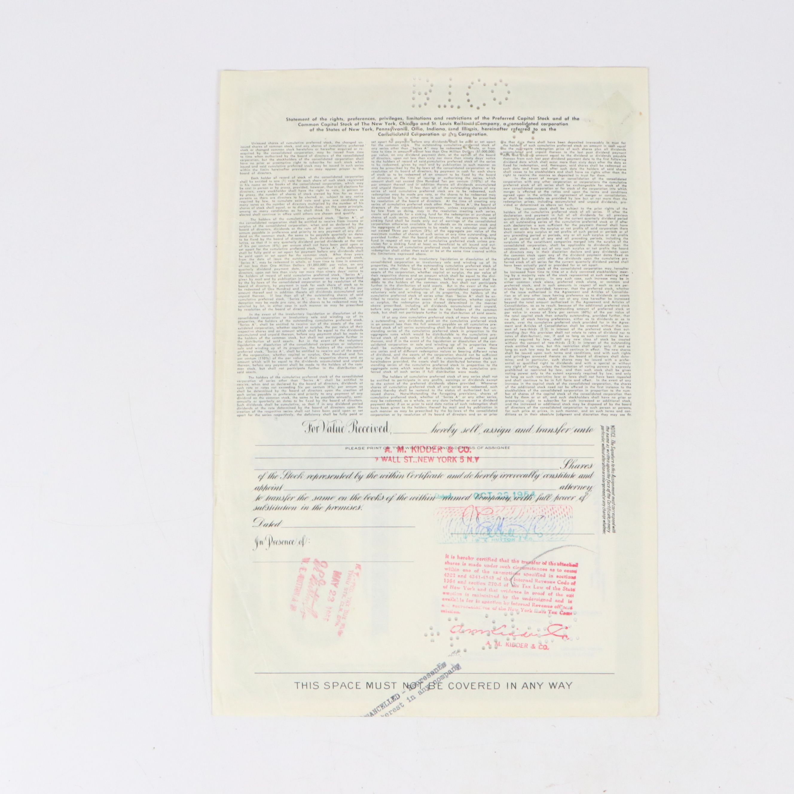 New York, Chicago and St. Louis Railroad Company Stock Certificates, Mid-20th C.